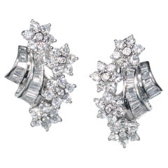 The Moderns Vintage Style Diamond and Platinum Floral Clips Earrings, 4.12 Carats