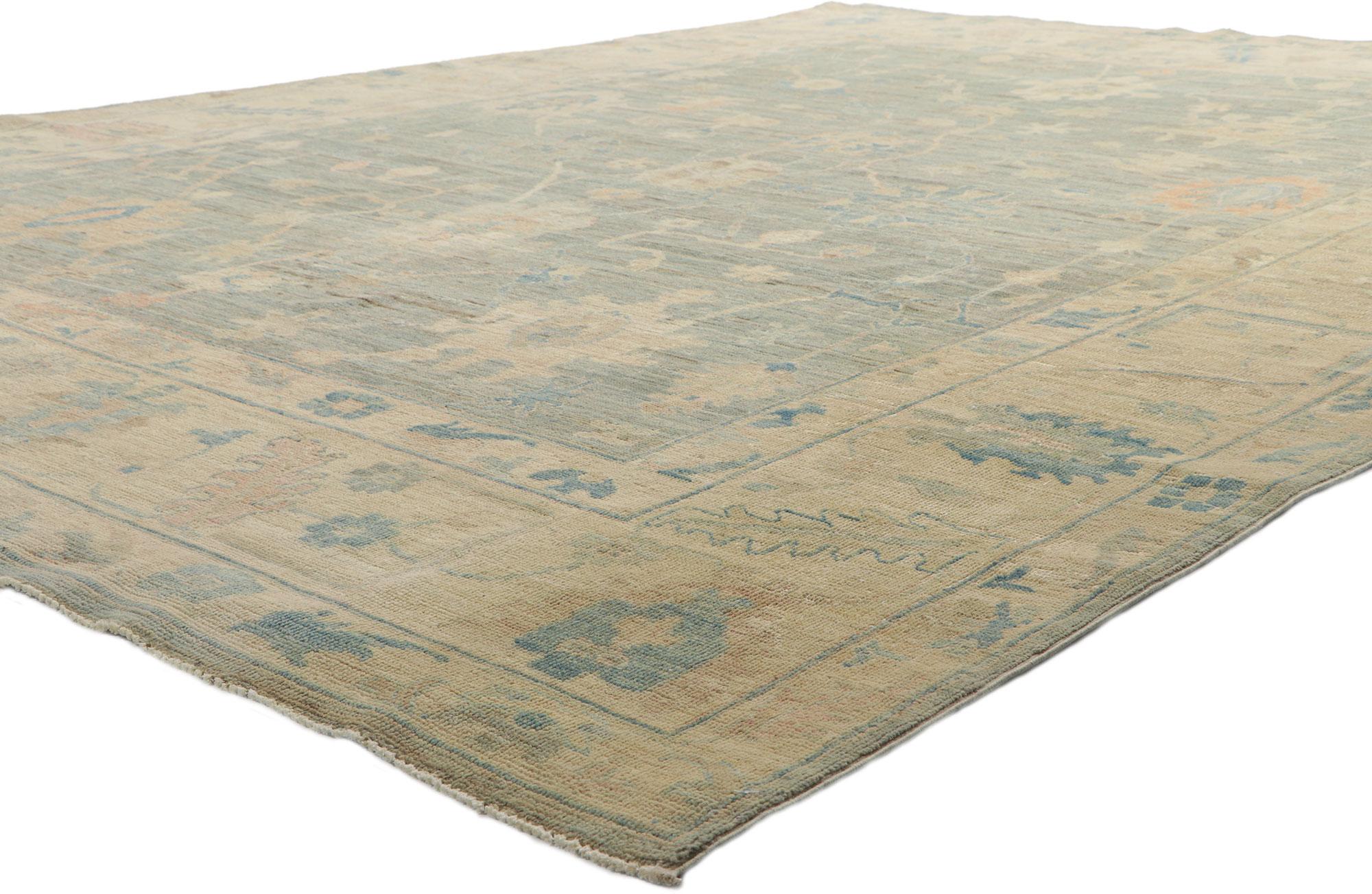 80916 Modern Vintage Style Oushak Area Rug 08'11 x 12'00. With its time-softened colors and effortless beauty combined with nostalgic charm, this modern vintage style Oushak rug creates an inimitable warmth and calming ambiance. The geometric