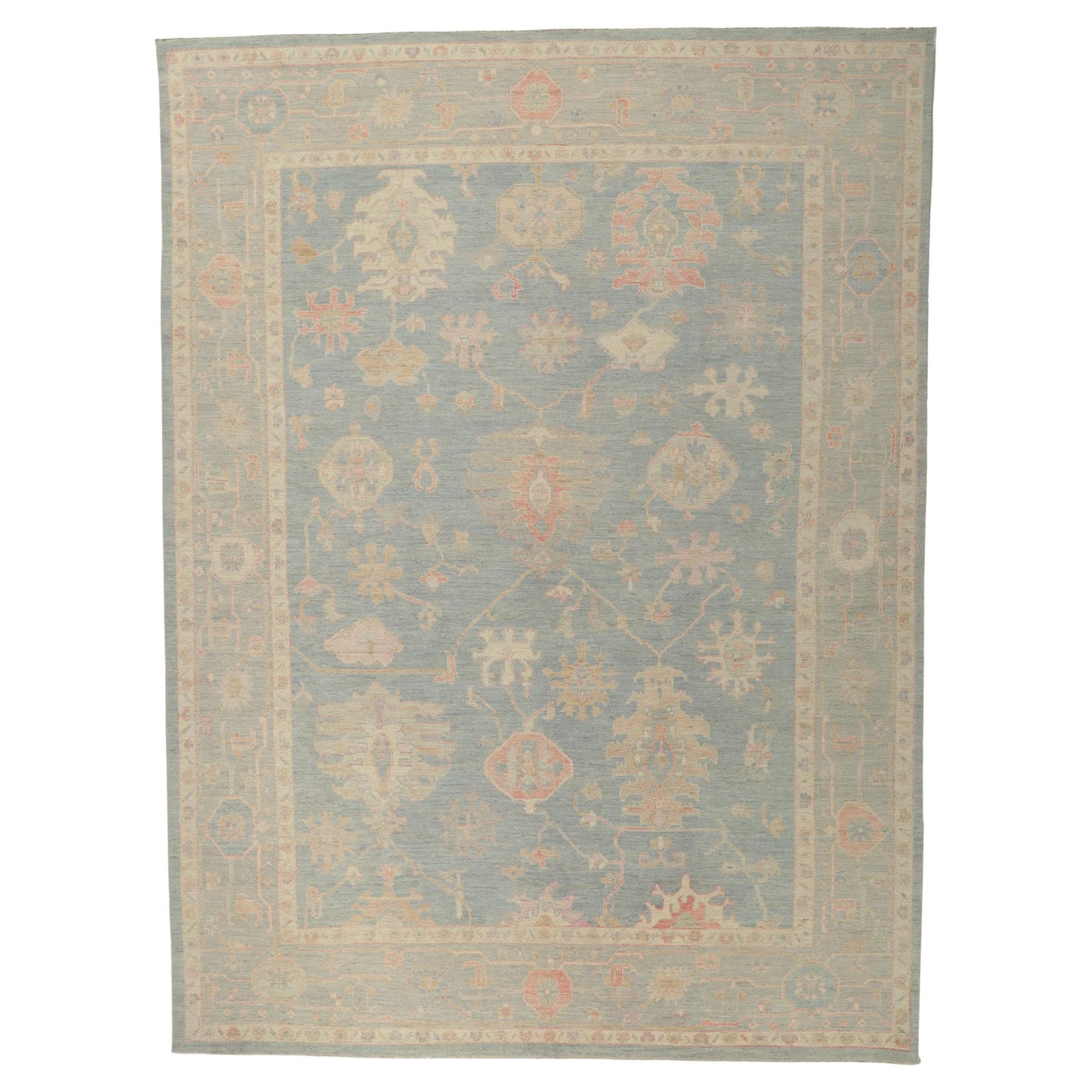 Modern Vintage Style Oushak Area Rug with Soft Colors For Sale at 1stDibs