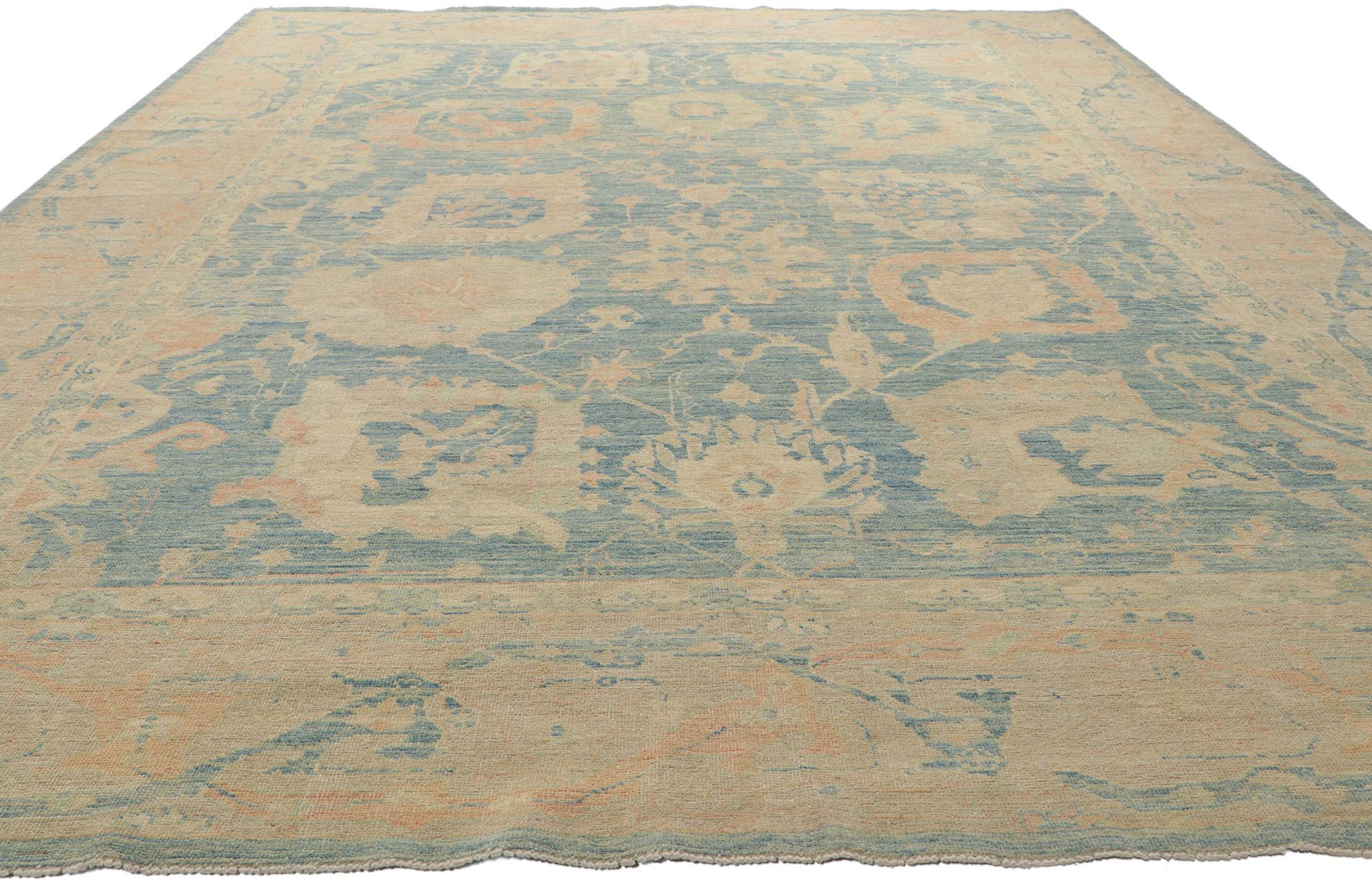 Pakistani Modern Vintage Style Oushak Area Rug with Soft Colors For Sale