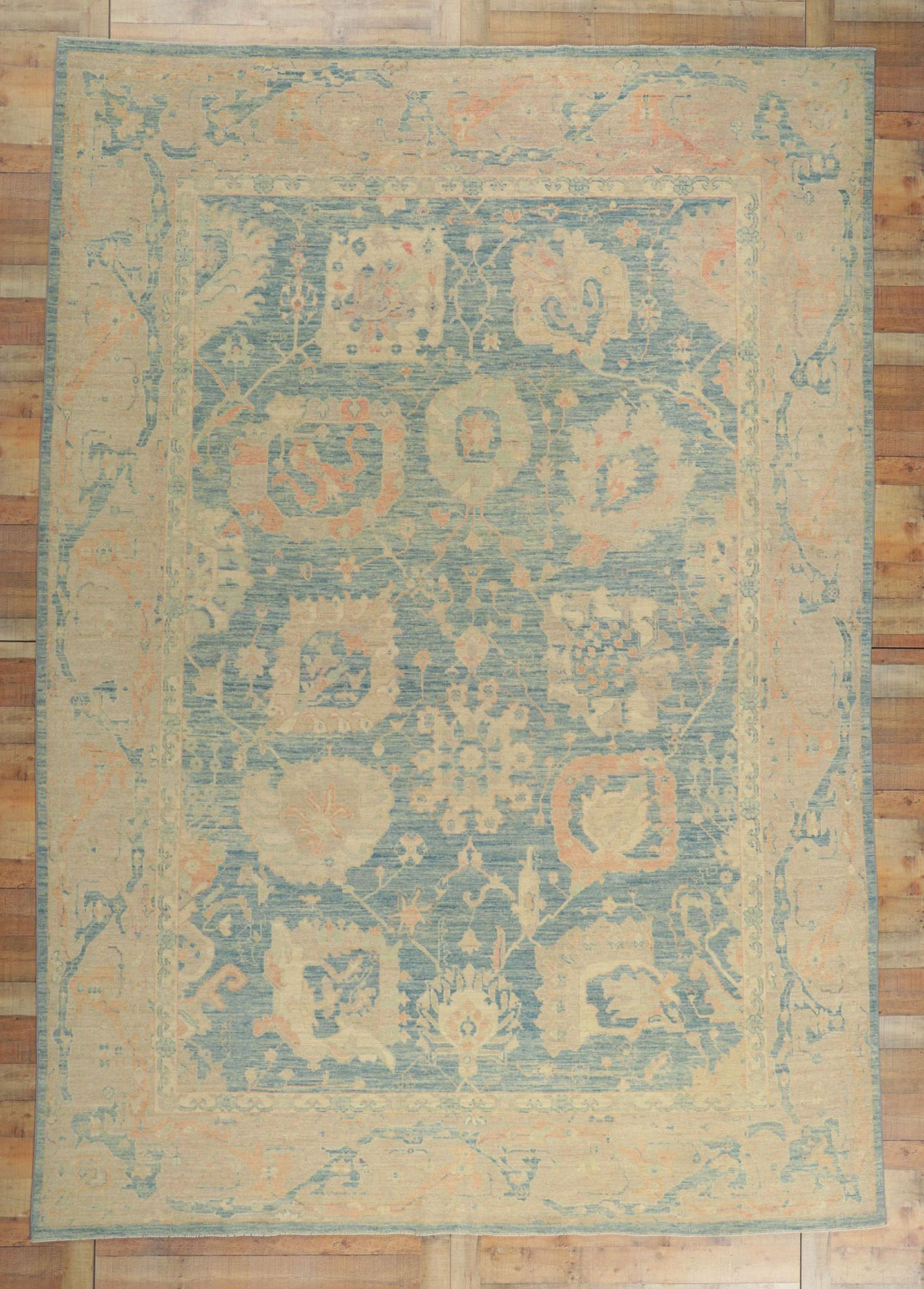 Modern Vintage Style Oushak Area Rug with Soft Colors For Sale 1