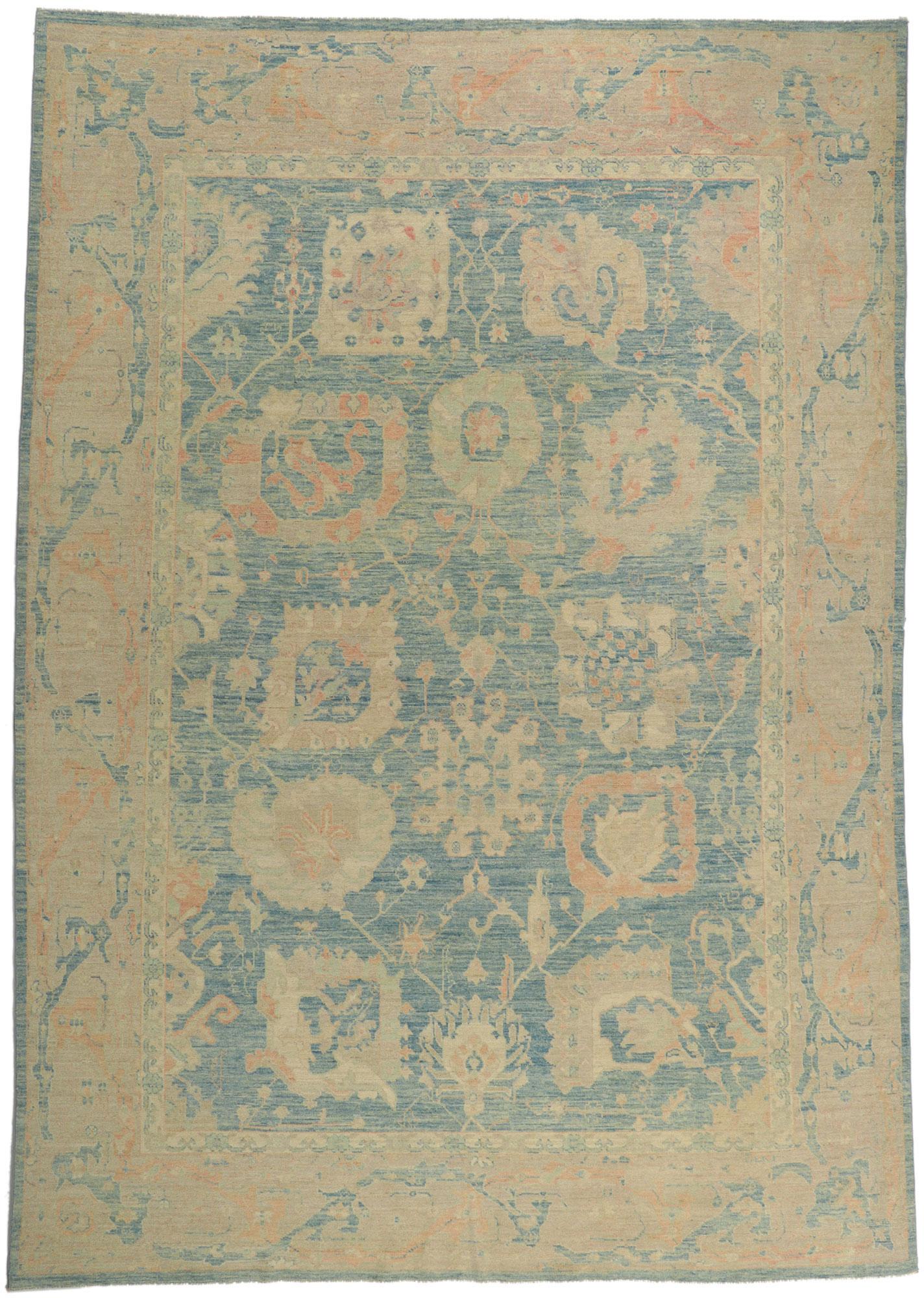 Modern Vintage Style Oushak Area Rug with Soft Colors For Sale 2