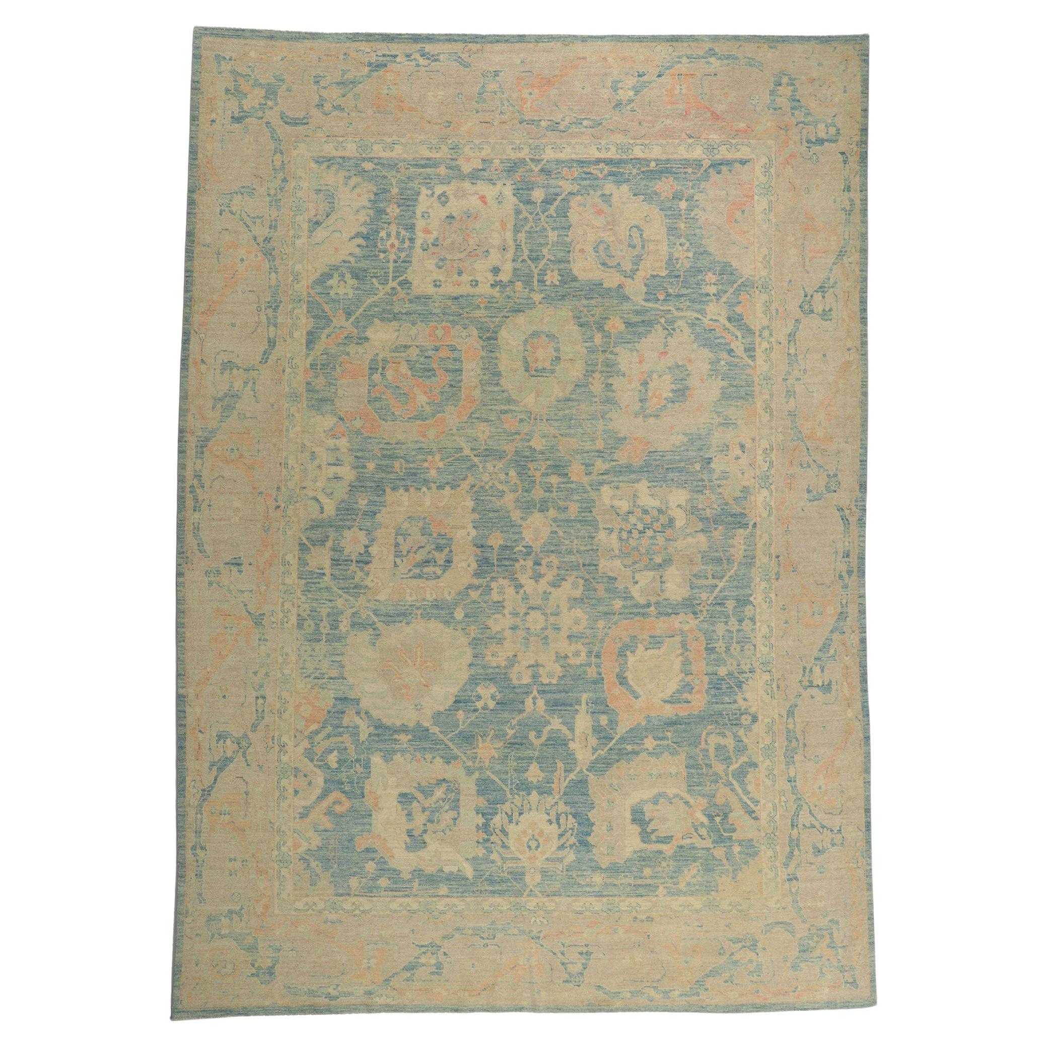 Modern Vintage Style Oushak Area Rug with Soft Colors