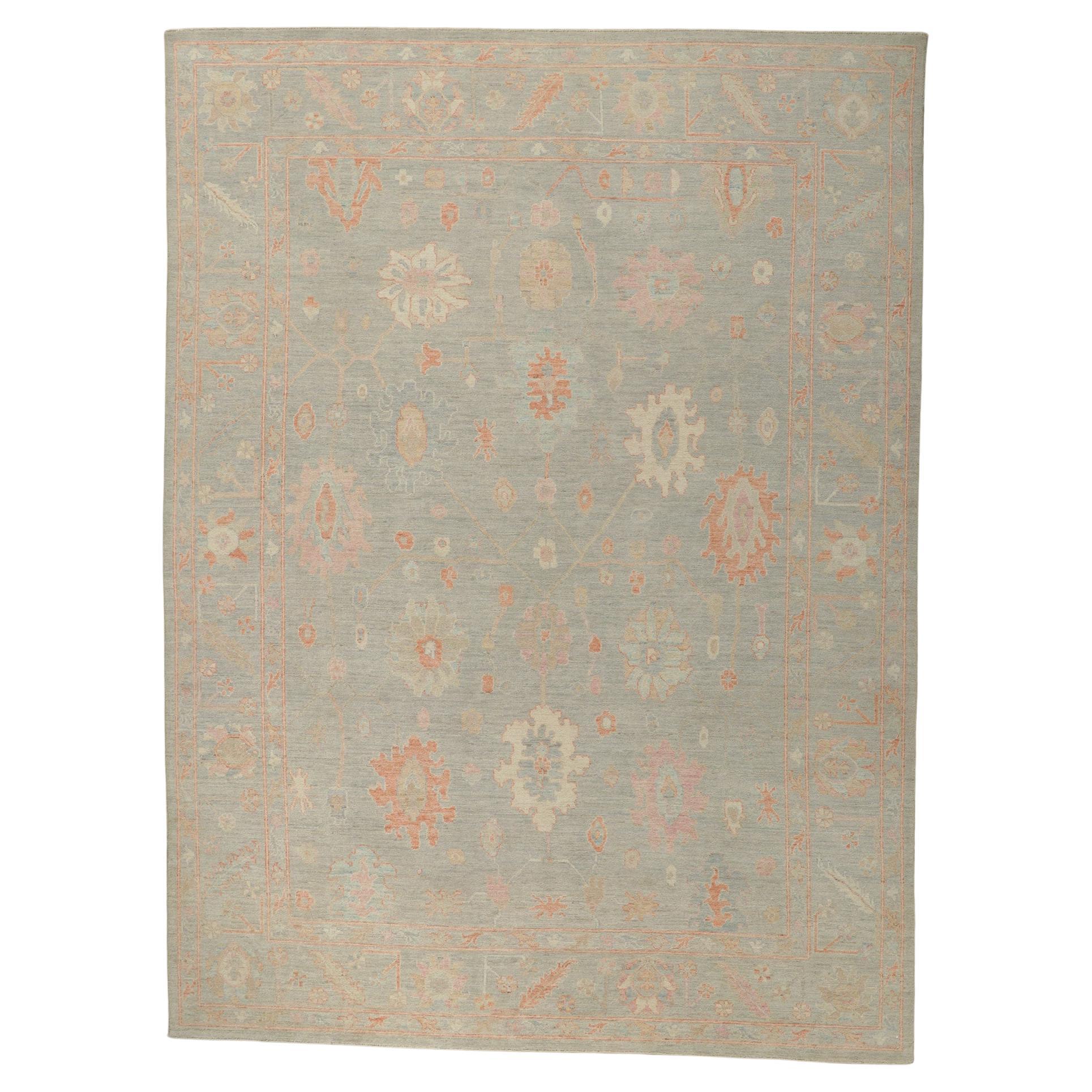 Vintage-Inspired Muted Oushak Rug, Modern Style Meets Nostalgic Charm For Sale