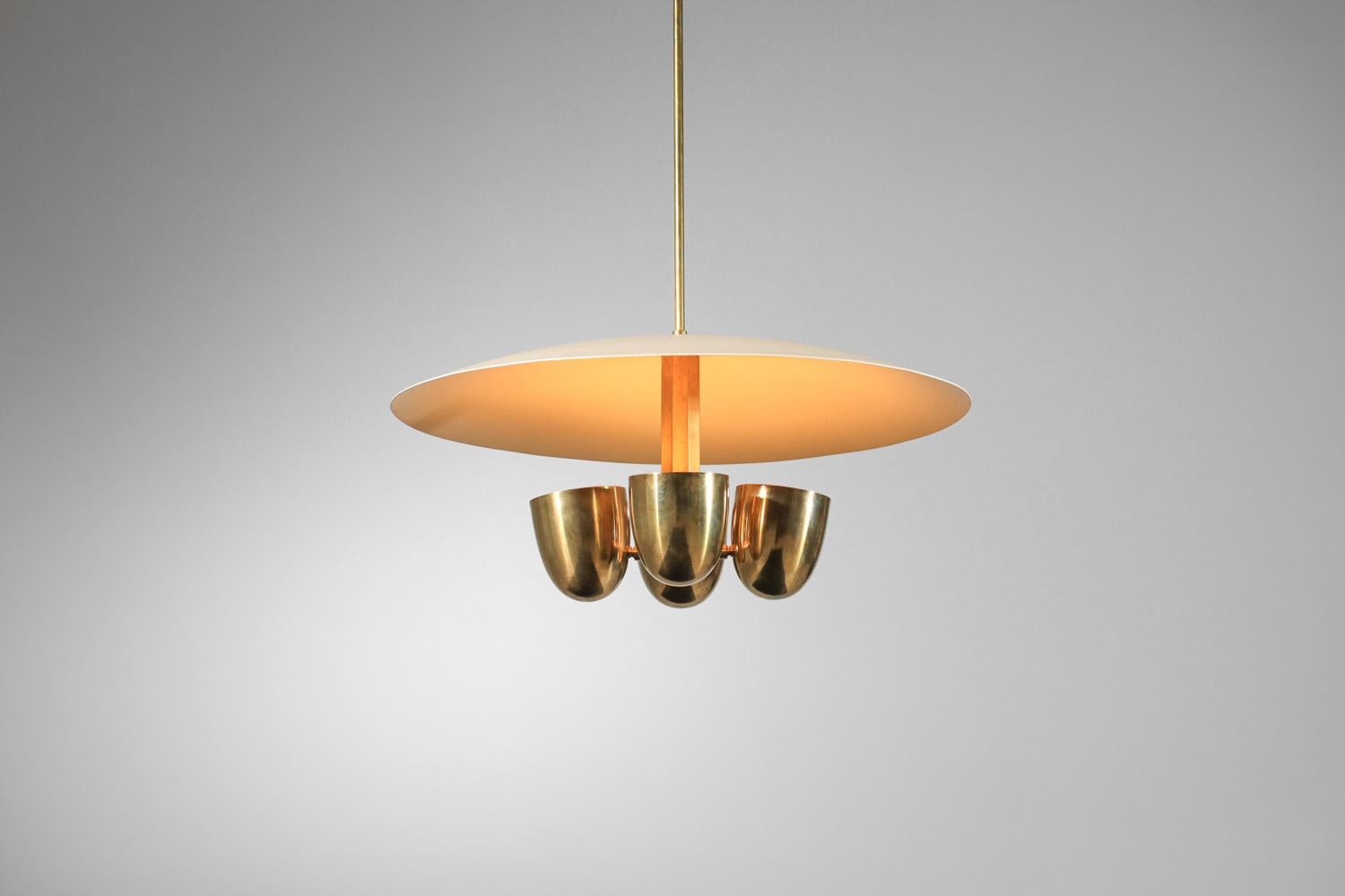 French Modern vintage style pendant light in solid brass and lacquered metal For Sale