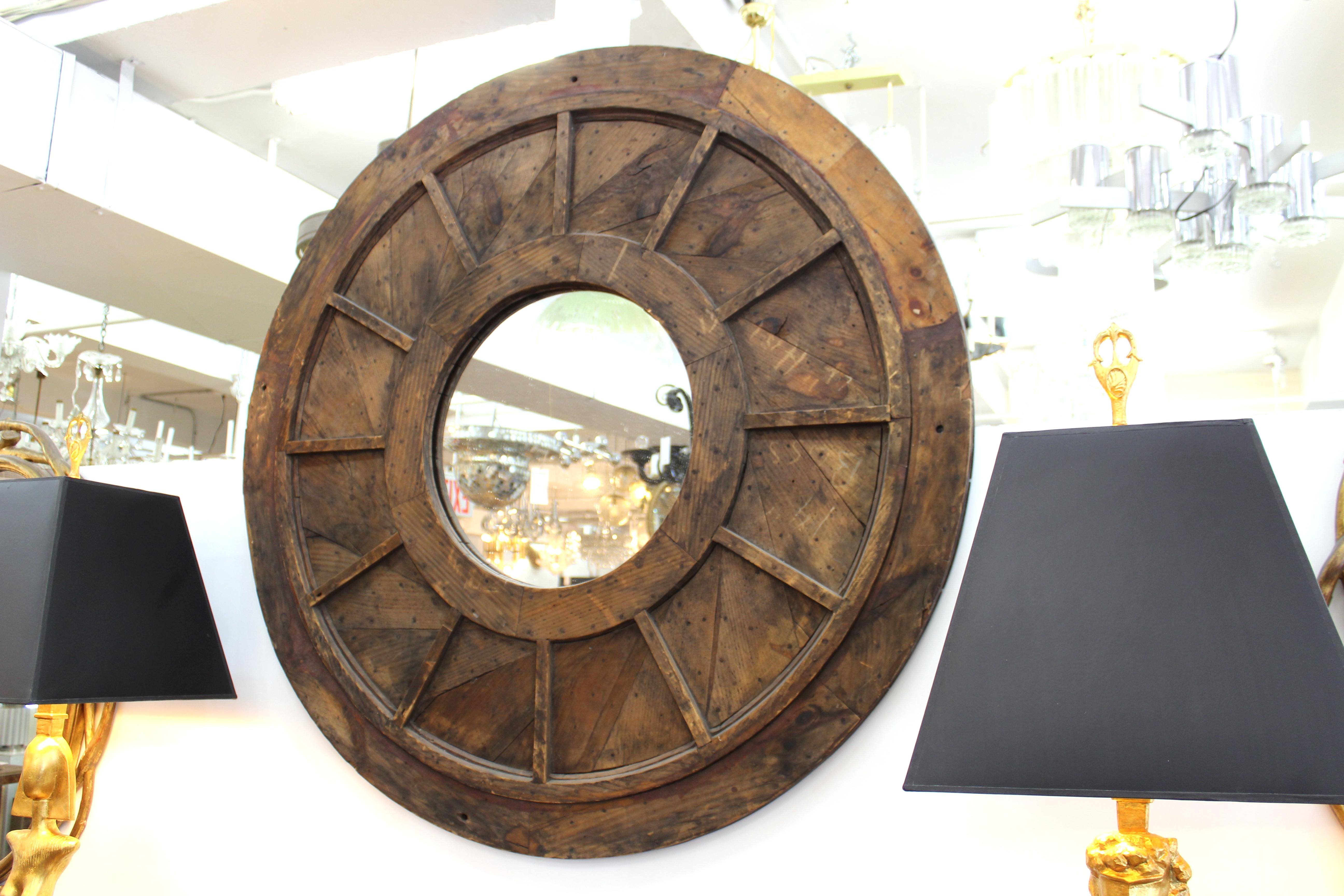 20th Century Modern Vintage Style Round Reclaimed Wood Wall Mirror