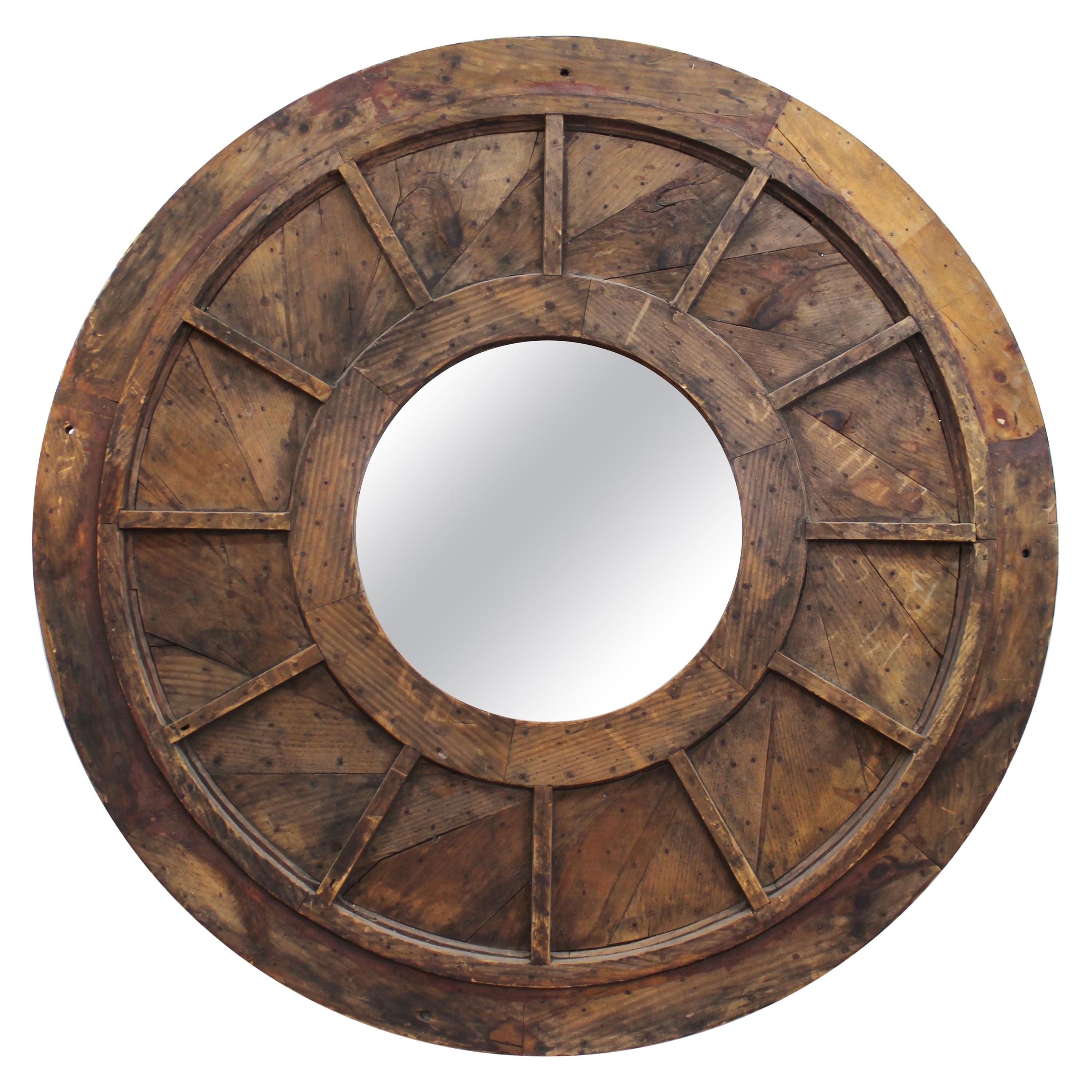 Modern Vintage Style Round Reclaimed Wood Wall Mirror