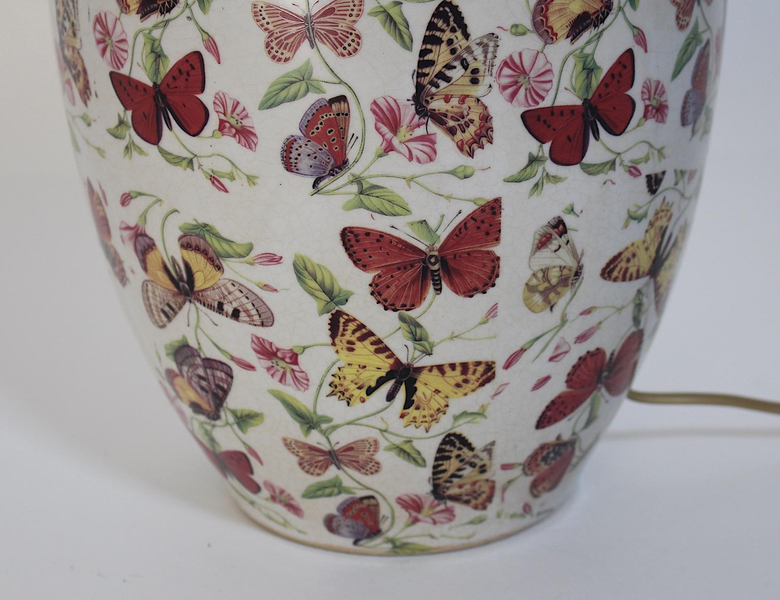 Modern Vintage Table Lamp Ceramic Brass Floral Fauna Butterfly Flowers 1980s 6