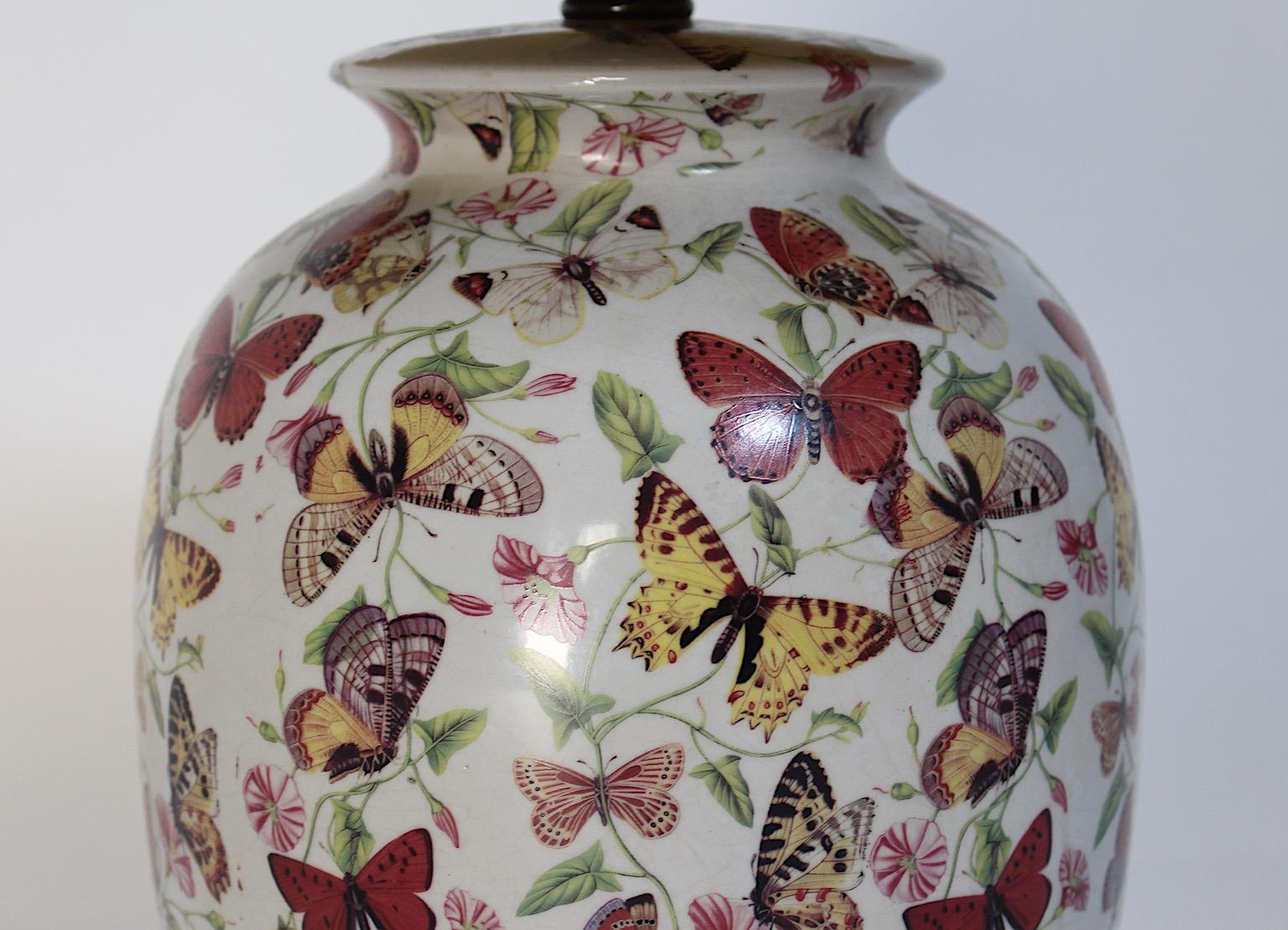 Modern Vintage Table Lamp Ceramic Brass Floral Fauna Butterfly Flowers 1980s 7