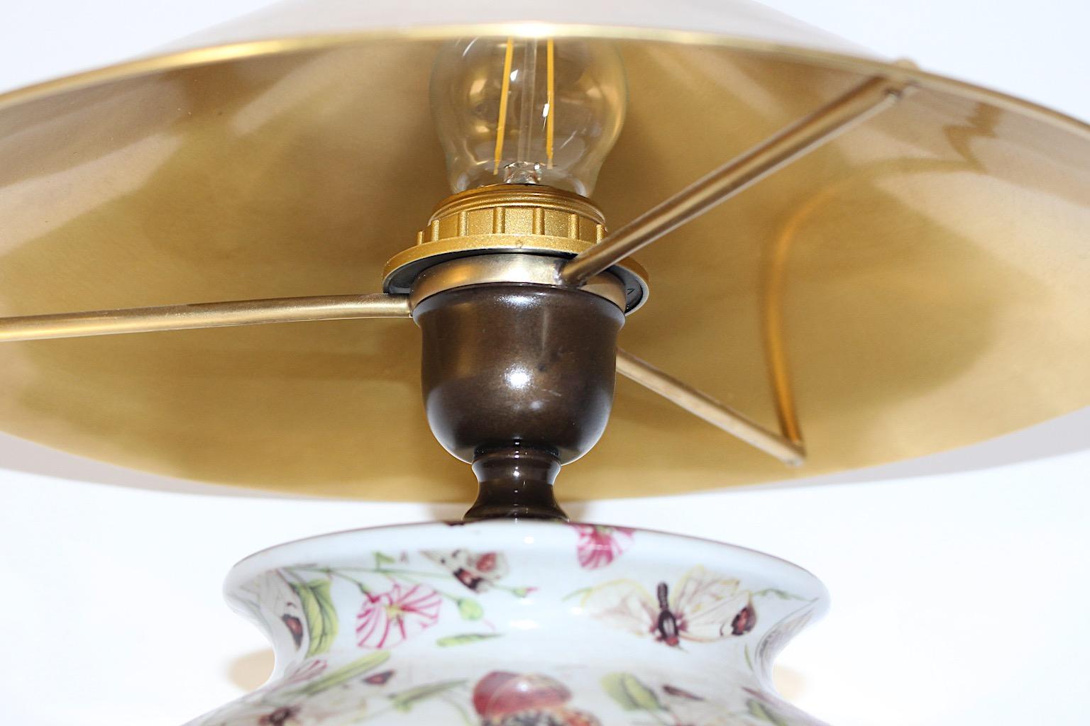Modern Vintage Table Lamp Ceramic Brass Floral Fauna Butterfly Flowers 1980s 9