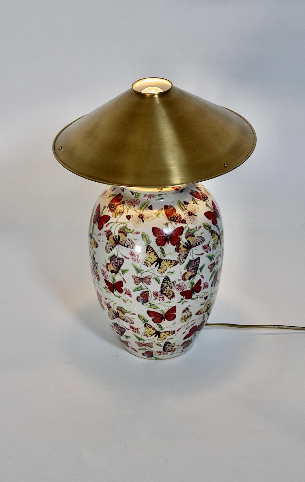 20th Century Modern Vintage Table Lamp Ceramic Brass Floral Fauna Butterfly Flowers 1980s