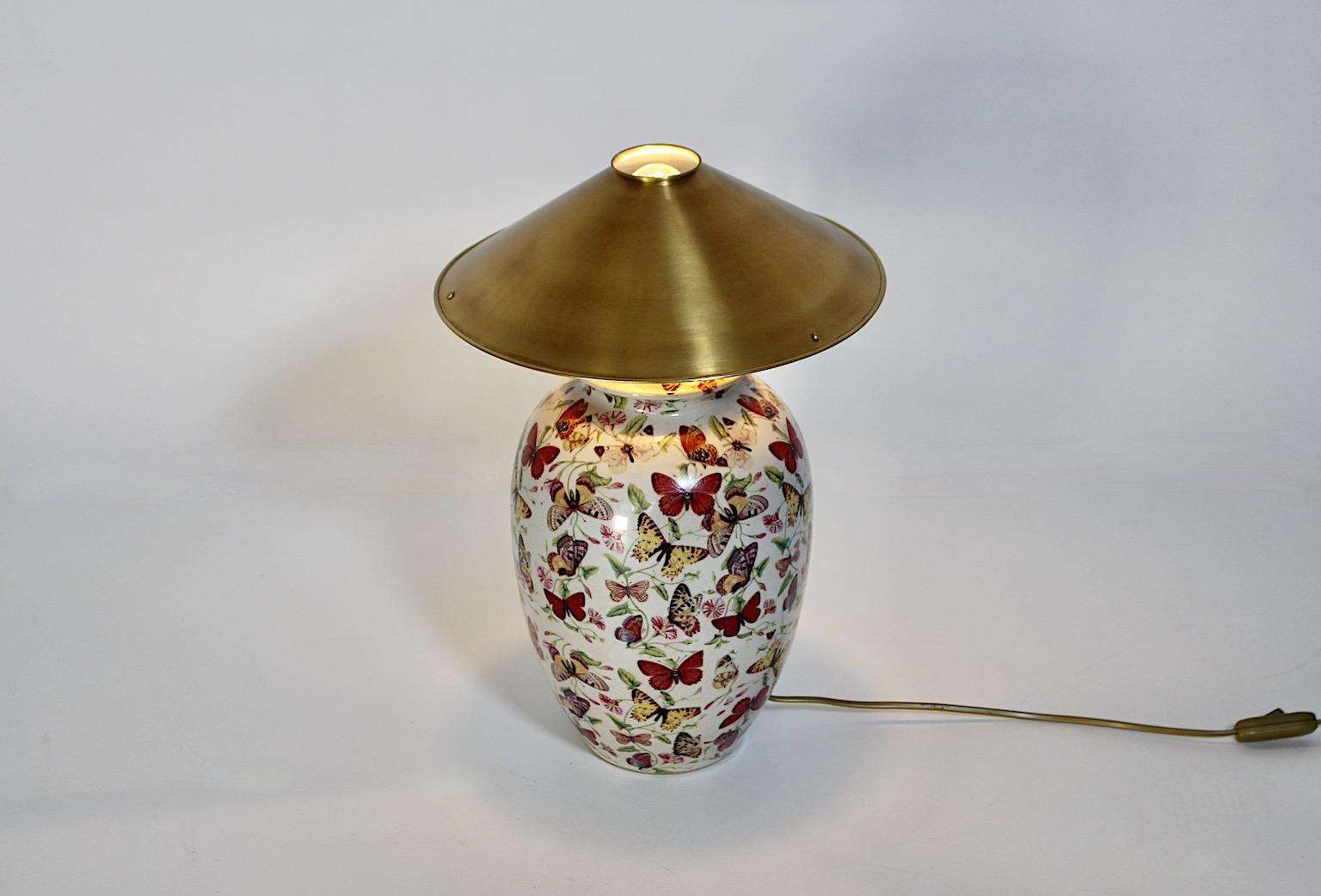 Modern Vintage Table Lamp Ceramic Brass Floral Fauna Butterfly Flowers 1980s 1
