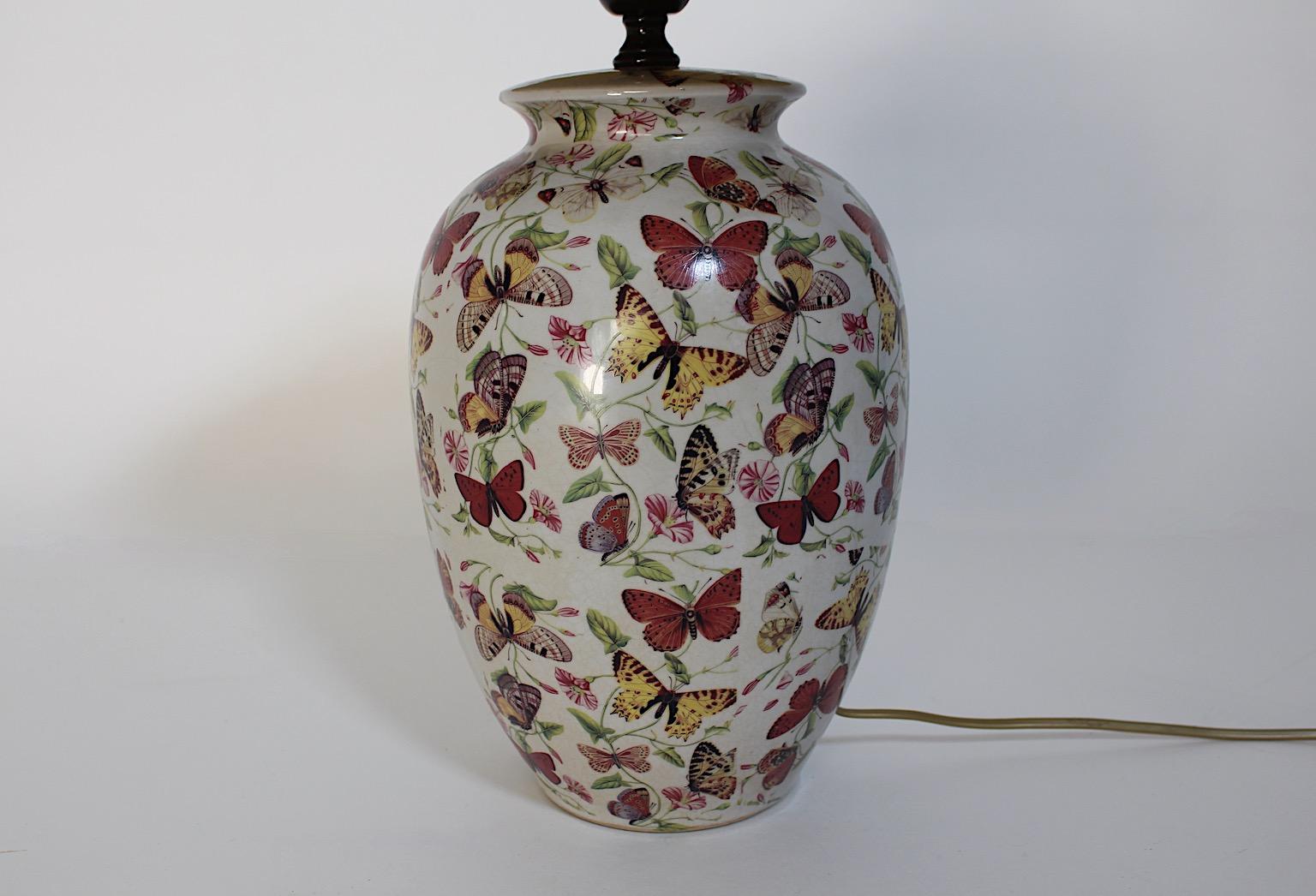 Modern Vintage Table Lamp Ceramic Brass Floral Fauna Butterfly Flowers 1980s For Sale 5