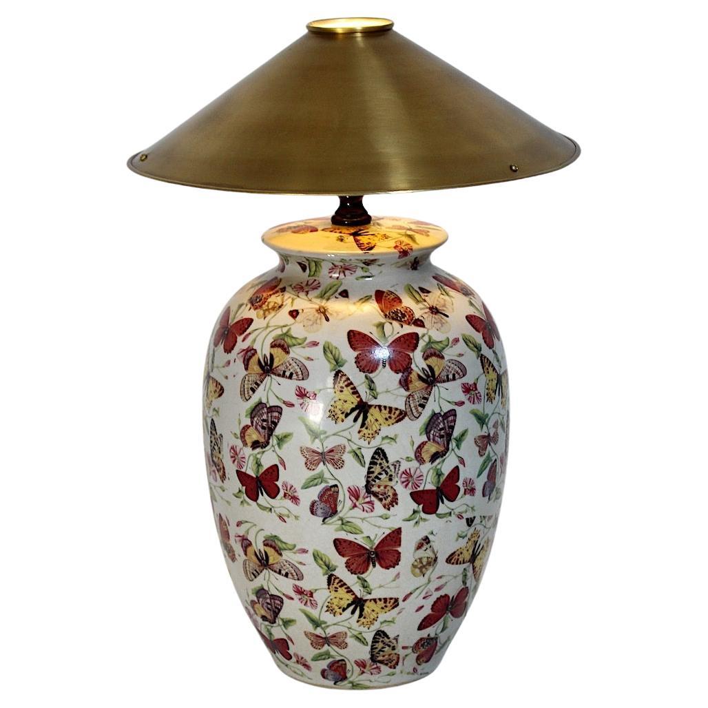 Modern Vintage Table Lamp Ceramic Brass Floral Fauna Butterfly Flowers 1980s For Sale
