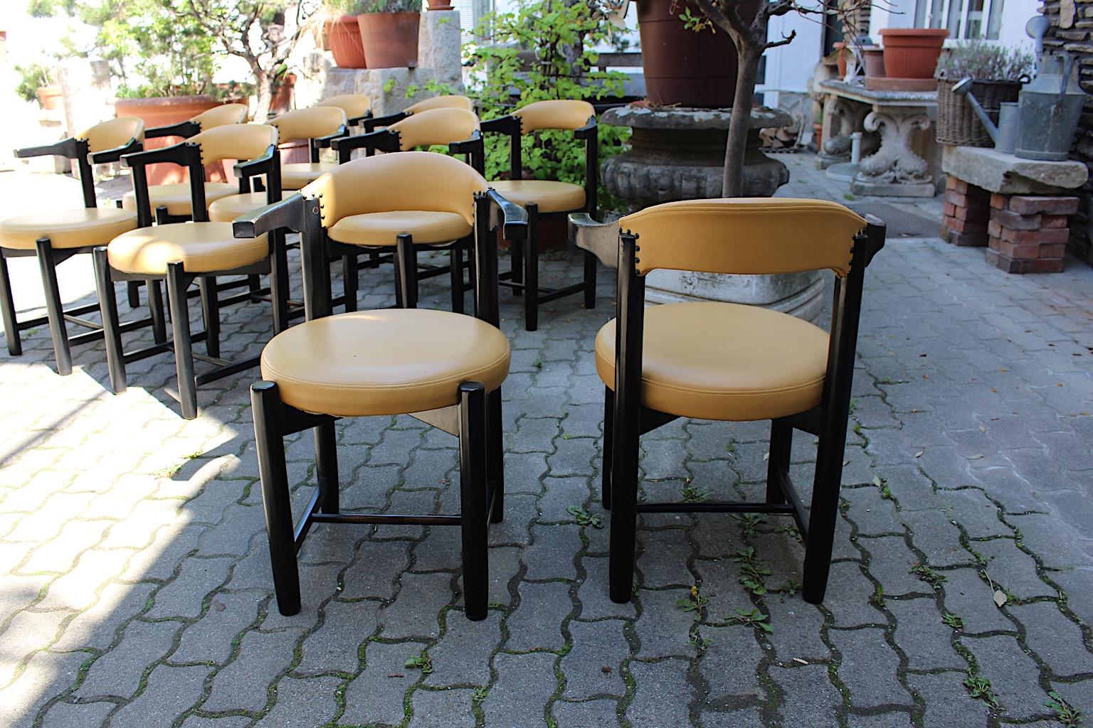 Modern Vintage Ten Black Beech Yellow Faux Leather Dining Chairs 1980s Italy For Sale 4