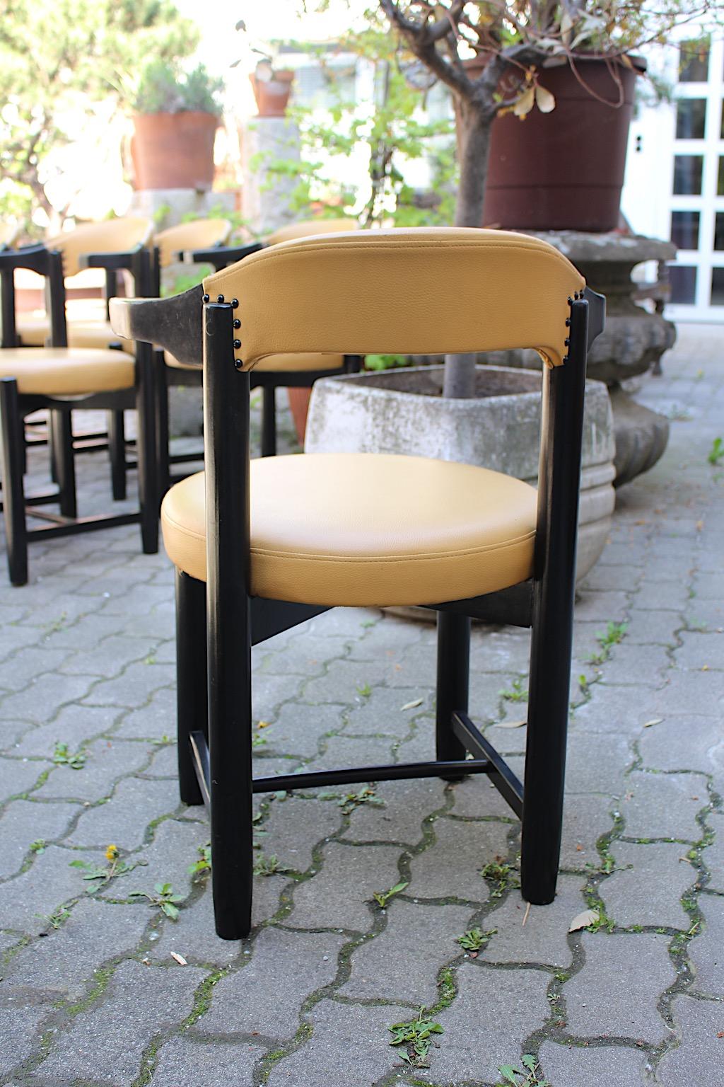 Modern Vintage Ten Black Beech Yellow Faux Leather Dining Chairs 1980s Italy For Sale 6