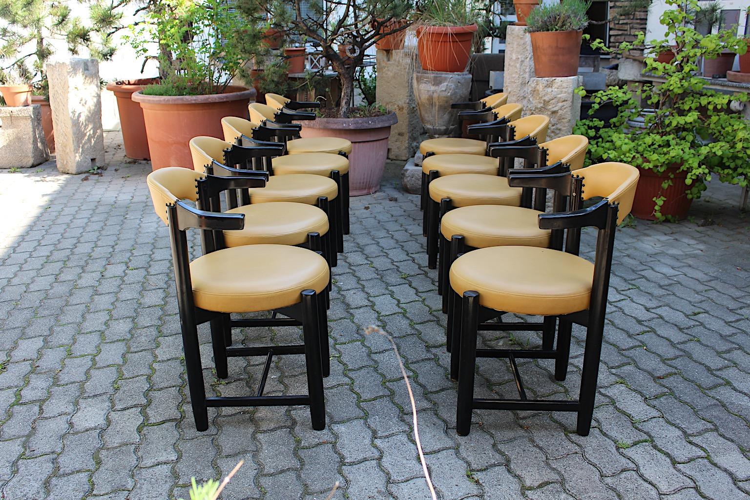 Post-Modern Modern Vintage Ten Black Beech Yellow Faux Leather Dining Chairs 1980s Italy For Sale