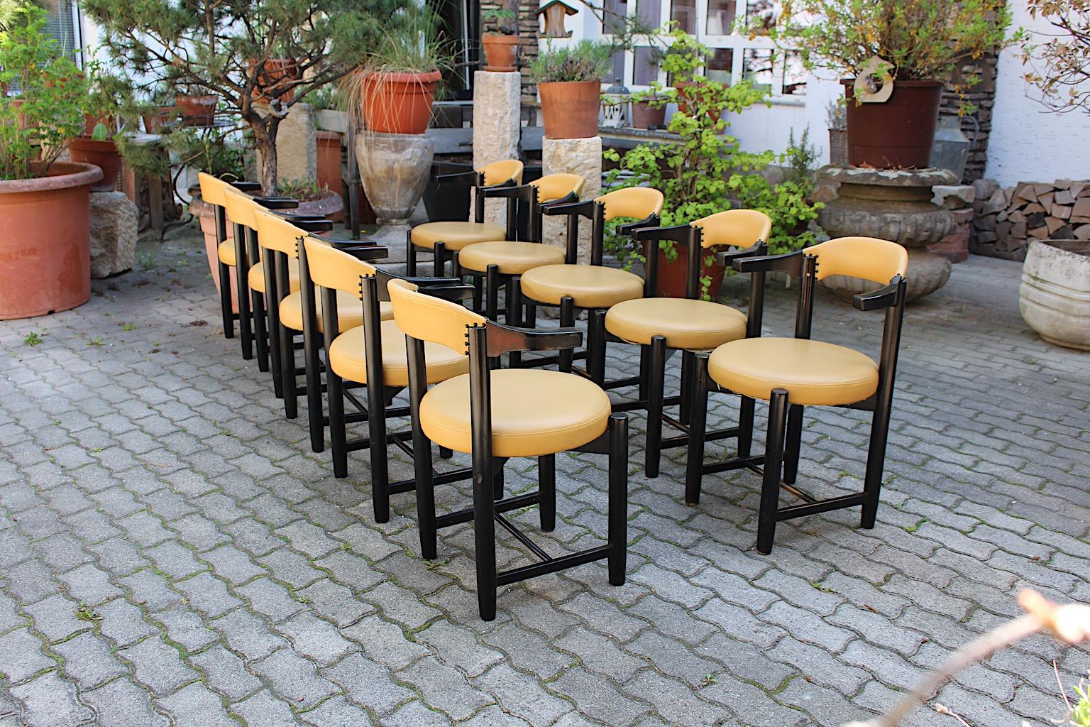 Italian Modern Vintage Ten Black Beech Yellow Faux Leather Dining Chairs 1980s Italy For Sale