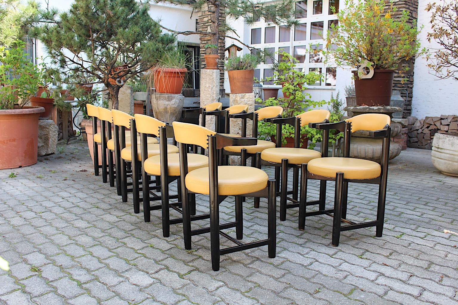Lacquered Modern Vintage Ten Black Beech Yellow Faux Leather Dining Chairs 1980s Italy For Sale