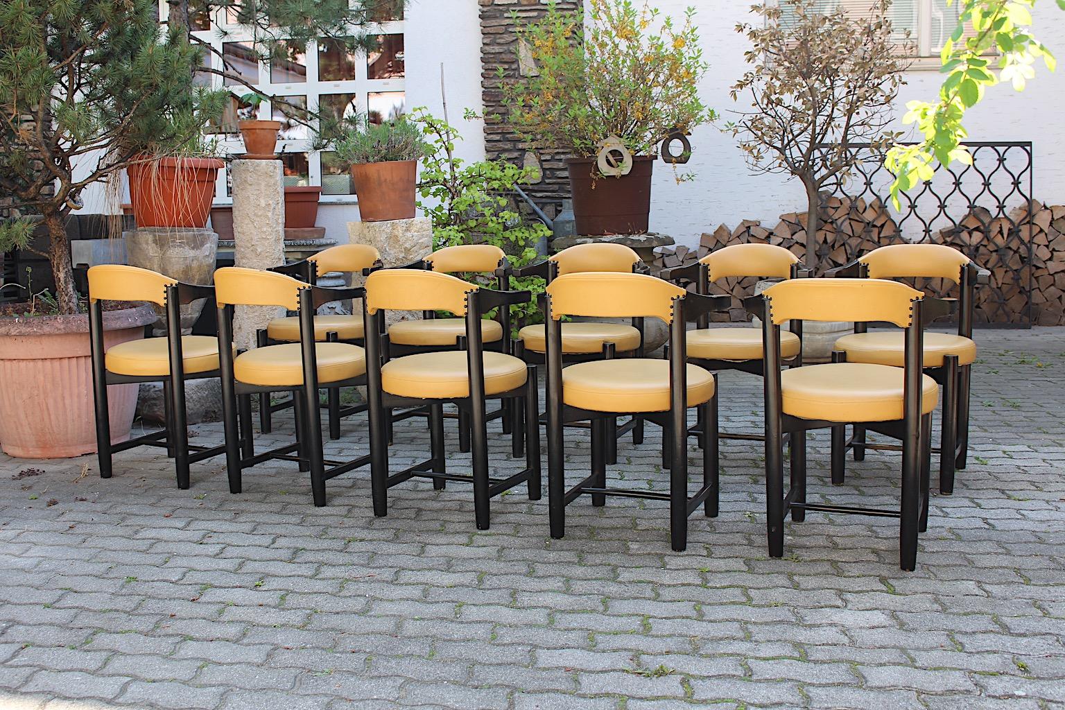Modern Vintage Ten Black Beech Yellow Faux Leather Dining Chairs 1980s Italy In Fair Condition For Sale In Vienna, AT