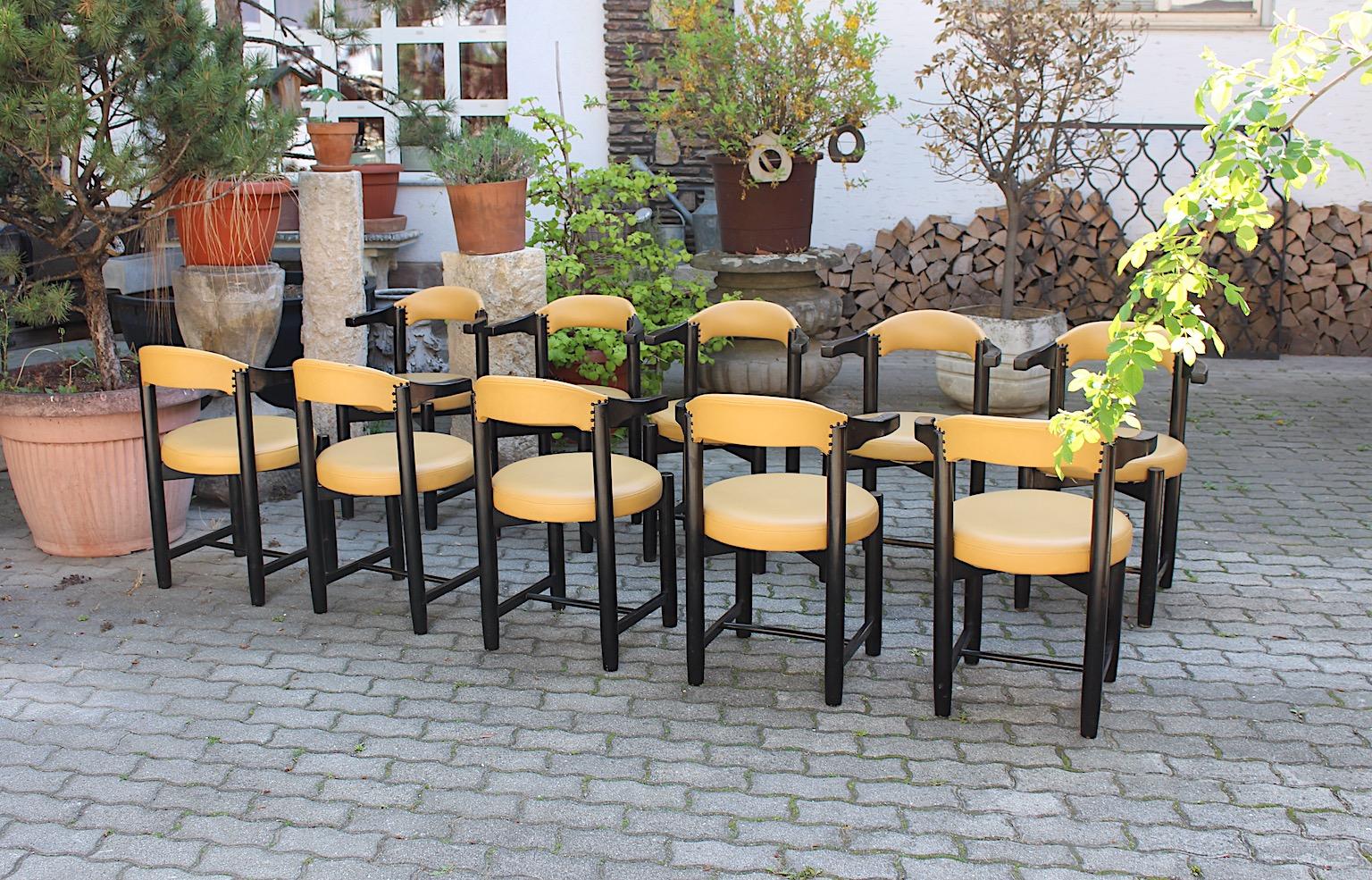 Late 20th Century Modern Vintage Ten Black Beech Yellow Faux Leather Dining Chairs 1980s Italy For Sale