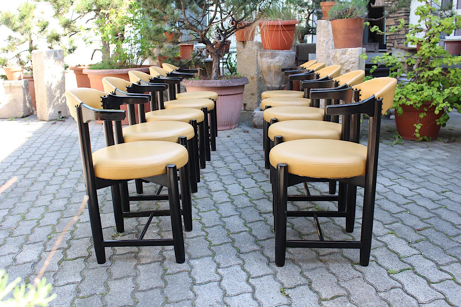 Modern Vintage Ten Black Beech Yellow Faux Leather Dining Chairs 1980s Italy For Sale 1