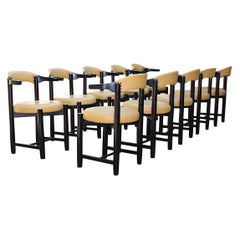 Modern Vintage Ten Black Beech Yellow Faux Leather Dining Chairs 1980s Italy