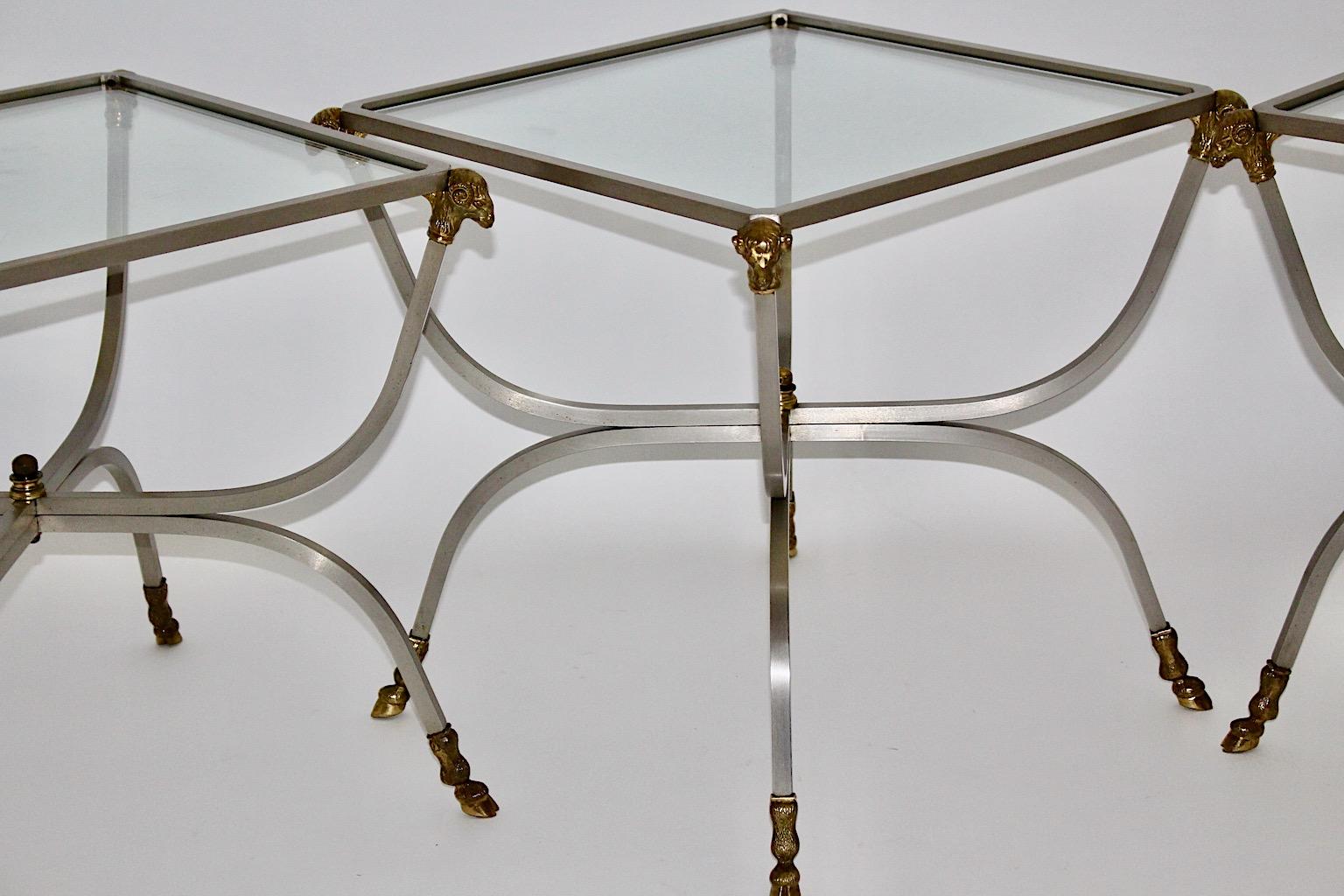 Brass Modern Vintage Three Coffee Tables Side Tables Sofa Tables Maison Jansen 1970s For Sale