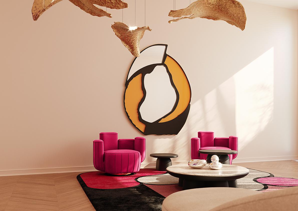 Modern Viva Magenta velvet armchair cactus shape with gold swivel base polished brass

Ajui Armchair is a luxury armchair with an artsy interpretation of a cactus and a swivel base. It is upholstered in velvet with a structure and base in polished