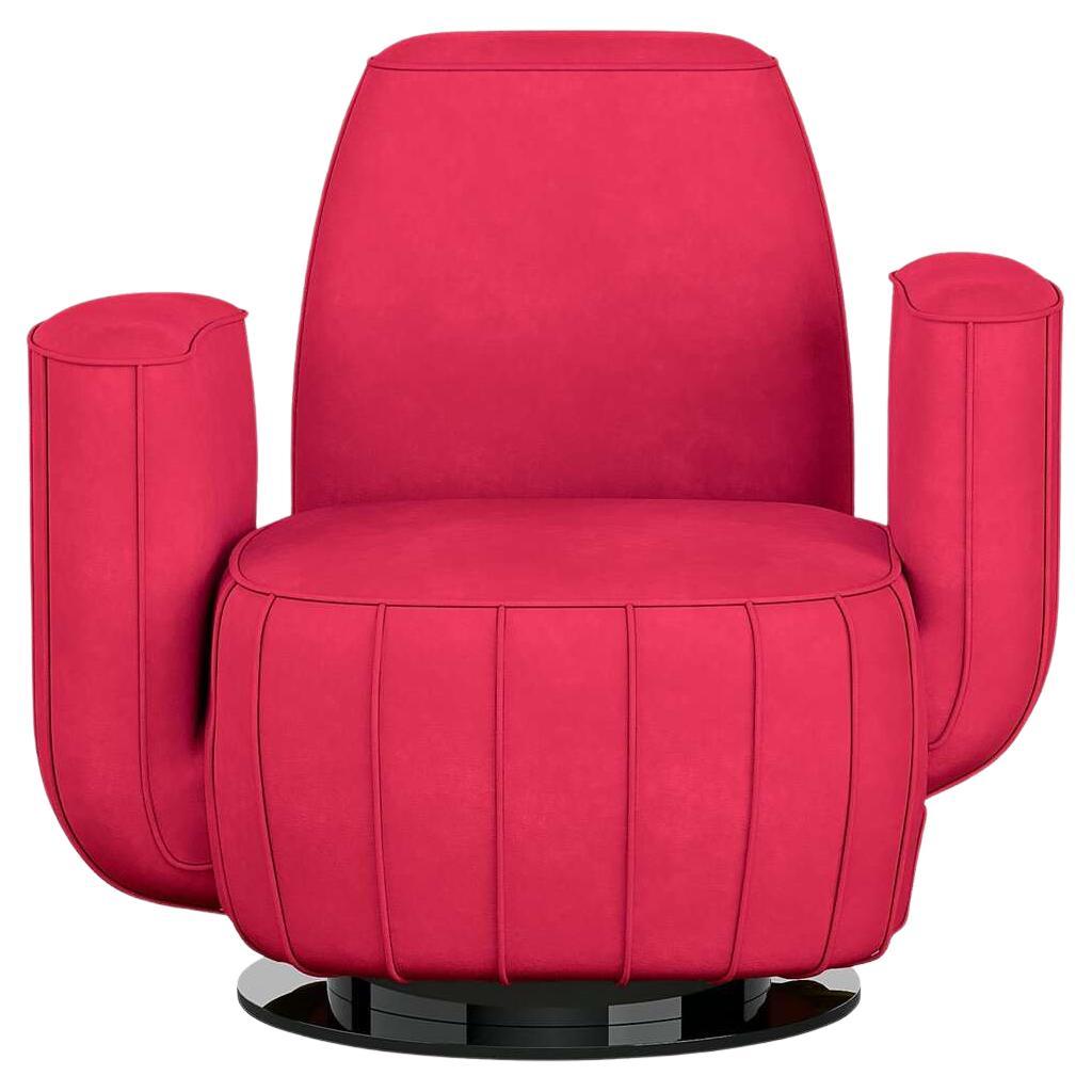 Moderner Viva-Sessel aus Magenta-Samt in Kakteenform mit versilbertem, drehbarem Untergestell