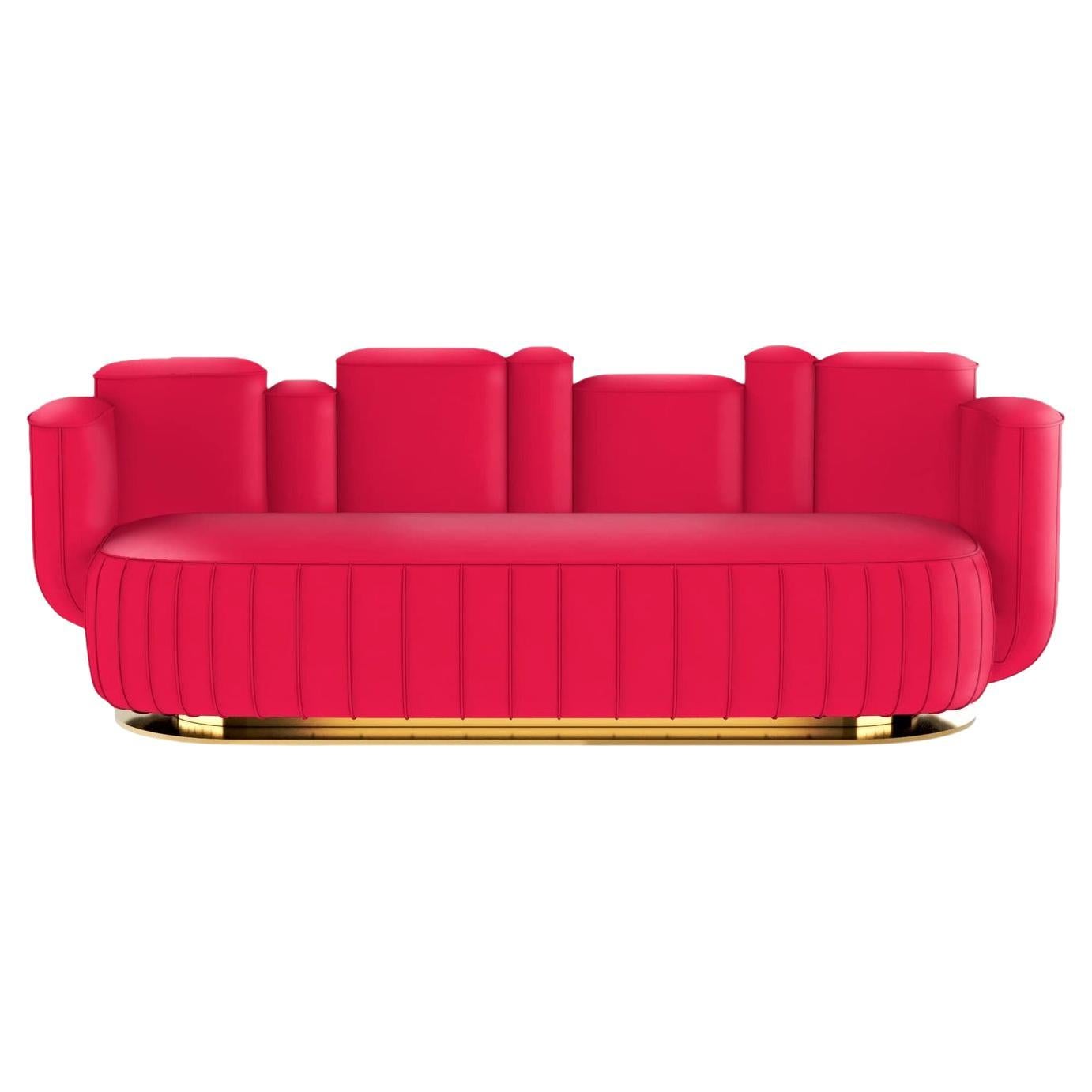 Modernes Viva-Sofa aus Magenta-Samt in Kakteenform mit vergoldetem, drehbarem Sockel