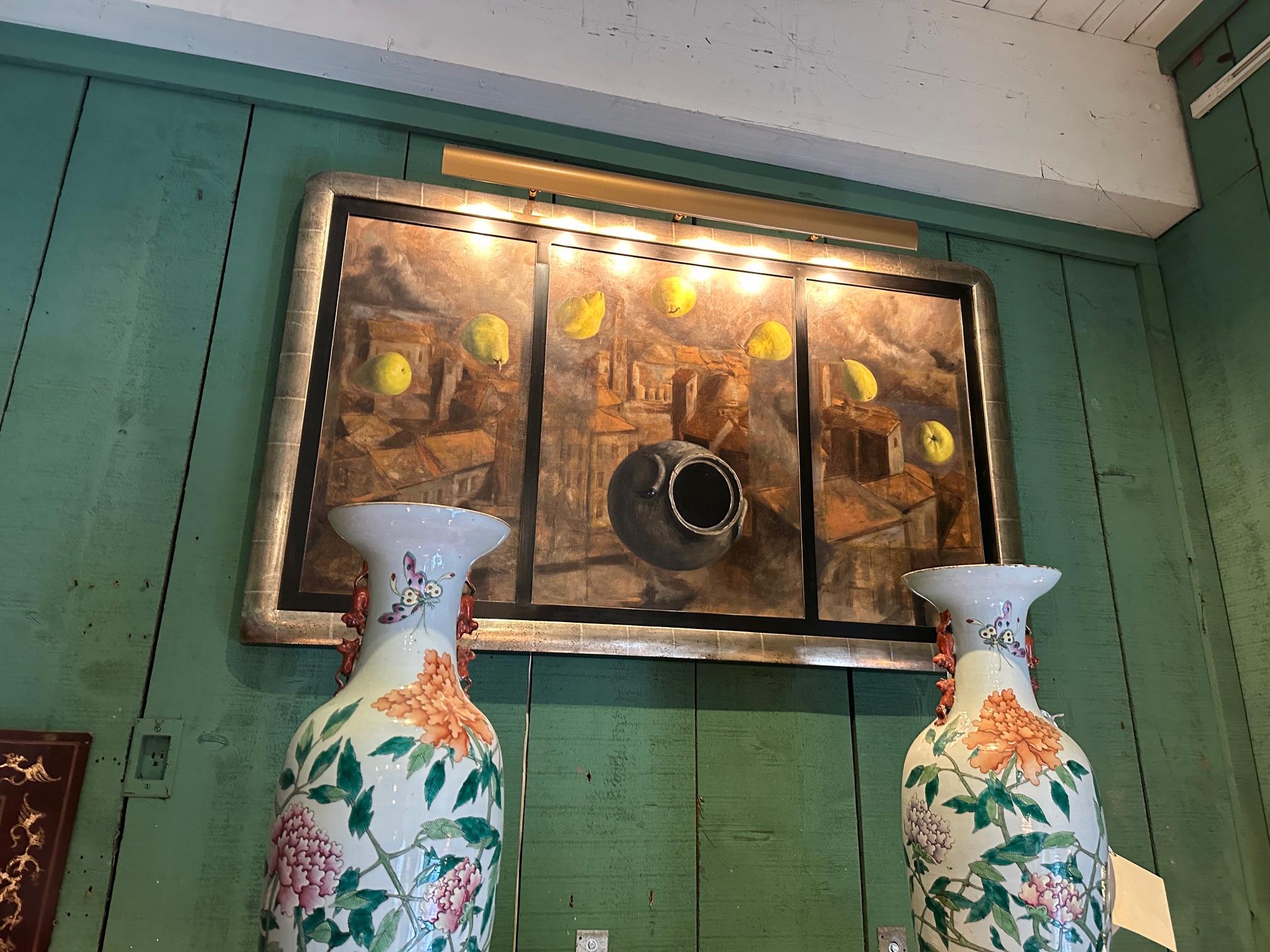 Gran Obra de Arte Moderna Enmarcada Pintura Decorativa Paisaje LA CA Galería de Arte . Arte Decorativo de Pared Pintado a Mano Óleo sobre Lienzo Vasija Caída esculpida a mano Marco plateado. 

