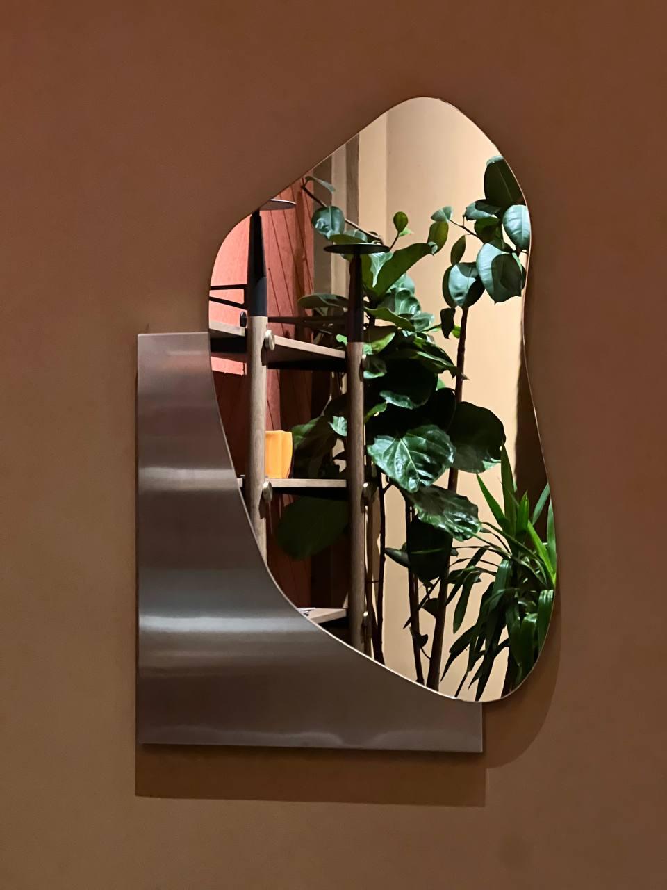 Brass Modern Wall Mirror Lake 1 by Noom in Ettore Sottsass ALPI Wood Veneer