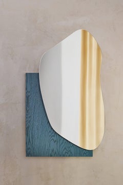 Modern Wall Mirror Lake 1 with Blue Veneered Wood Base by Noom