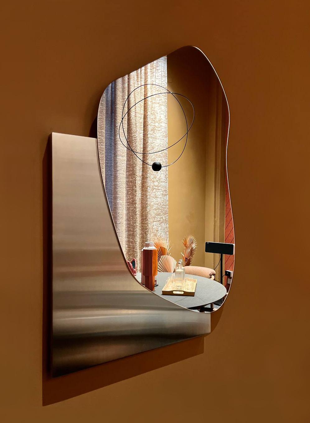 Painted Modern Wall Mirror Lake 1 by Noom with Base in Stainless Steel