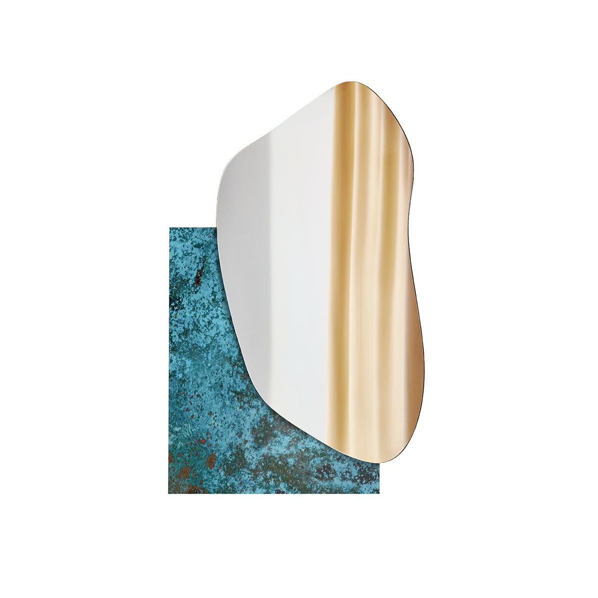 Brass Modern Wall Mirror Lake 1 by Noom with White Marble Statuario Base