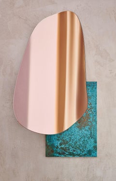 Contemporary Wall Mirror 'Lake 3' by Noom, Copper Tint with Oxidized Base