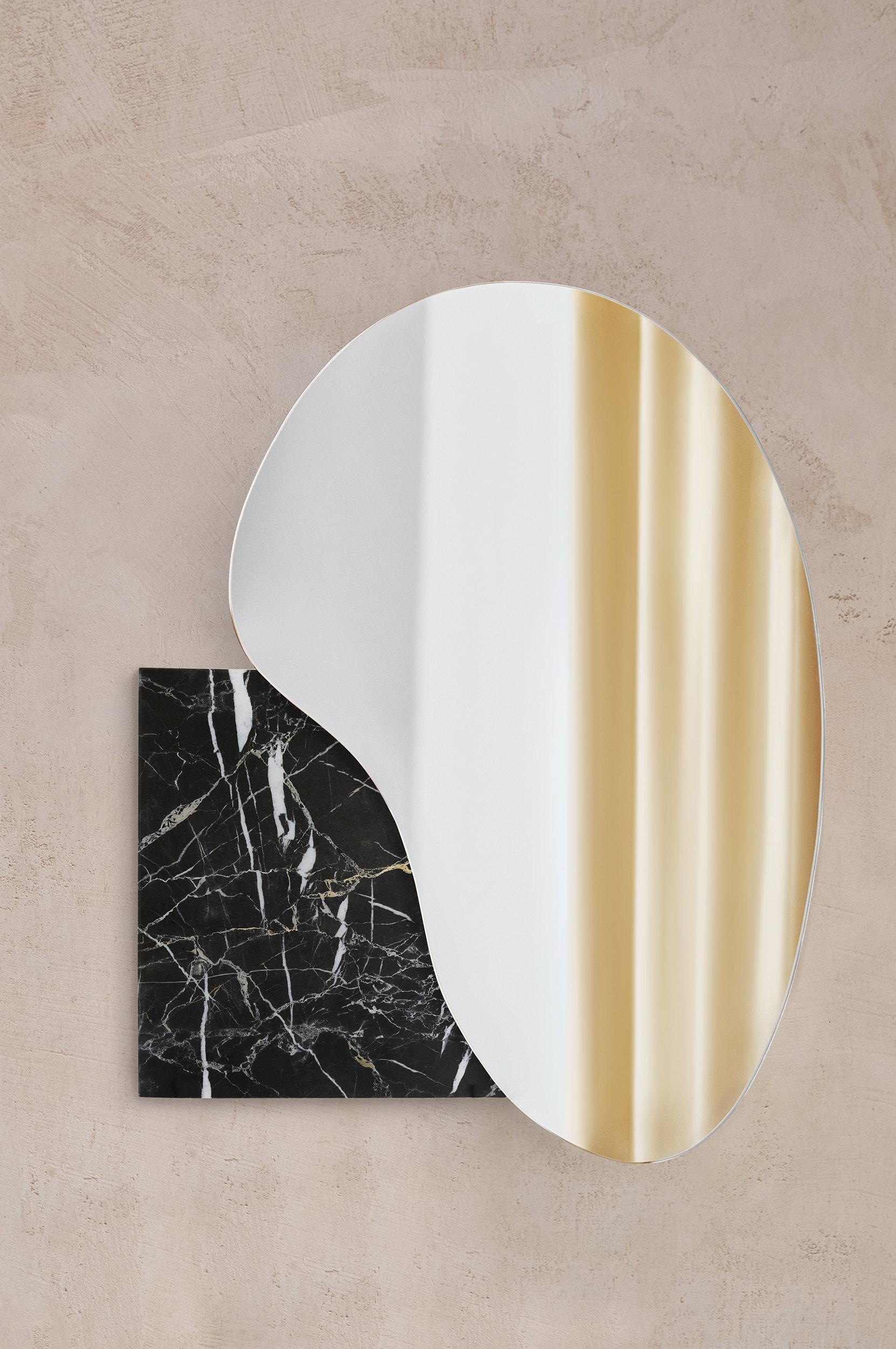 Contemporary Modern Wall Mirror Lake 4 by Noom with Brushed Brass Base