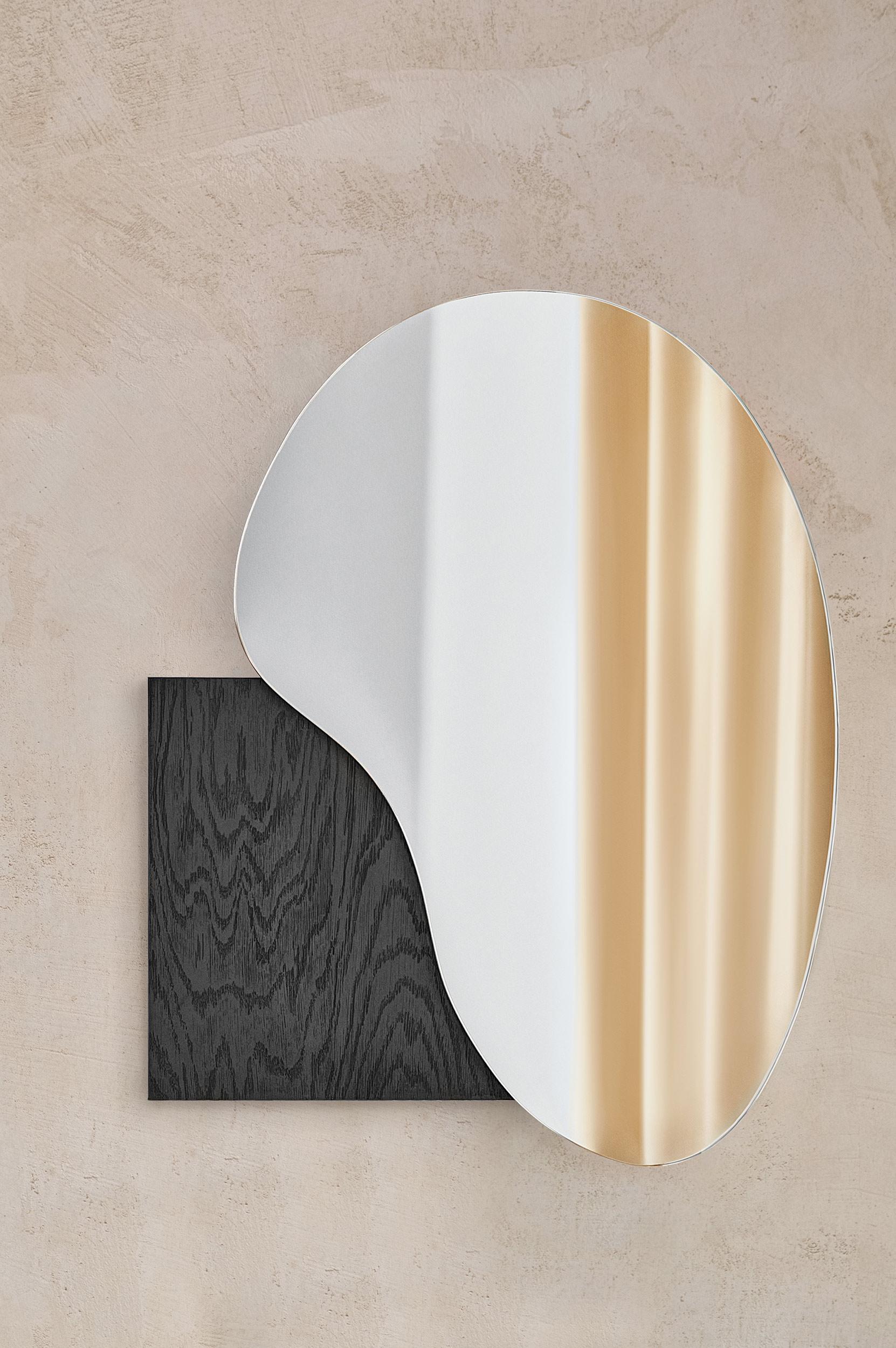 Painted Modern Wall Mirror Lake 4 by Noom with Madrone Veneered Wood Base For Sale