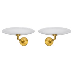 Vintage Modern Wall Sconces With Opaline Glass Saucers, Pr