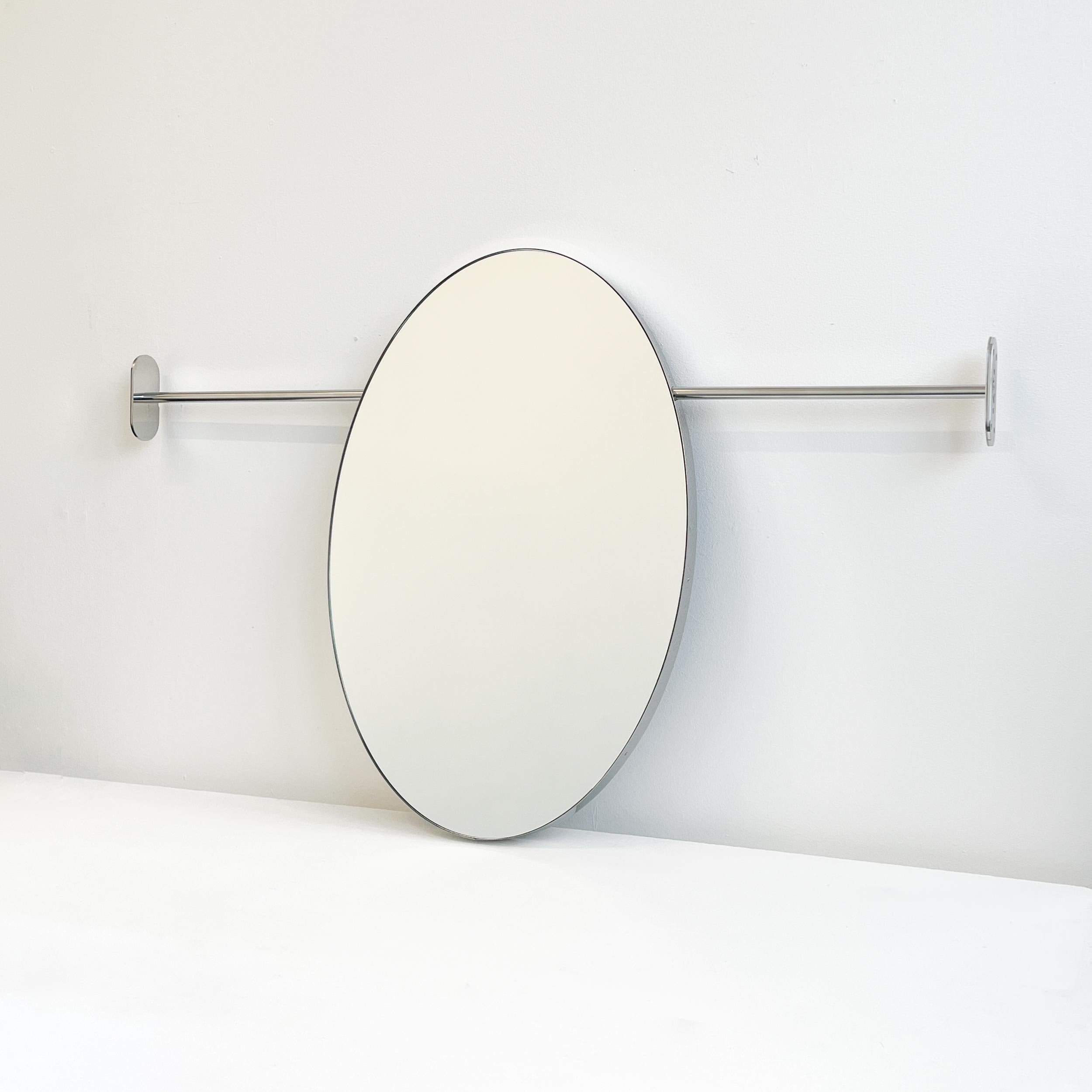 Polished Modern Wall to Wall Oval Mirror with Minimalist Stainless Steel Frame For Sale