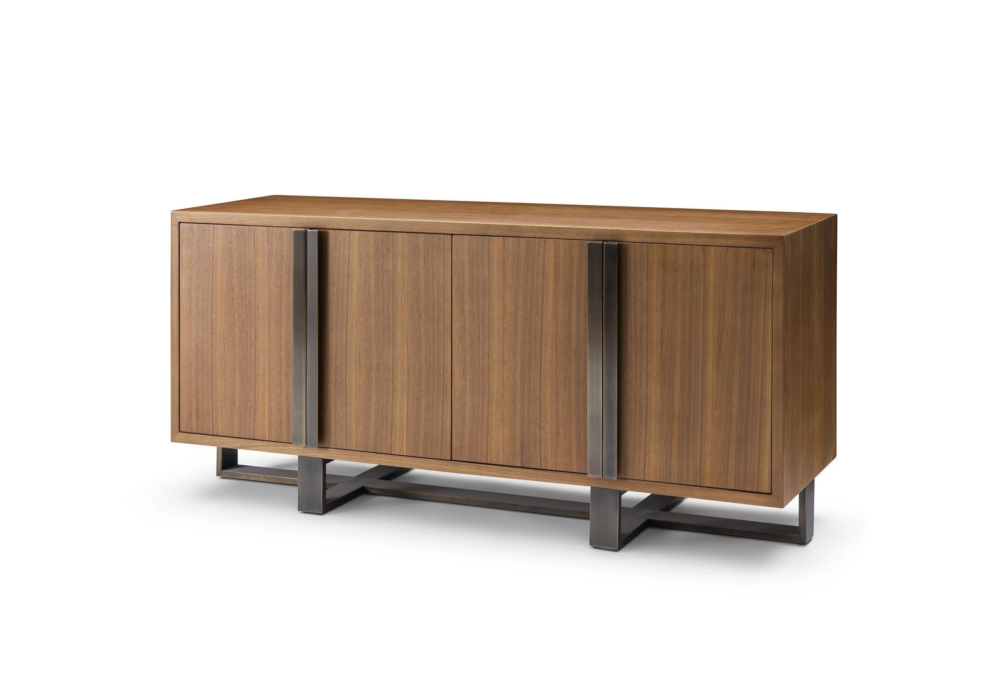 Chinese Modern Walnut and Bronze Buffet Designed by Greg Sheres; 