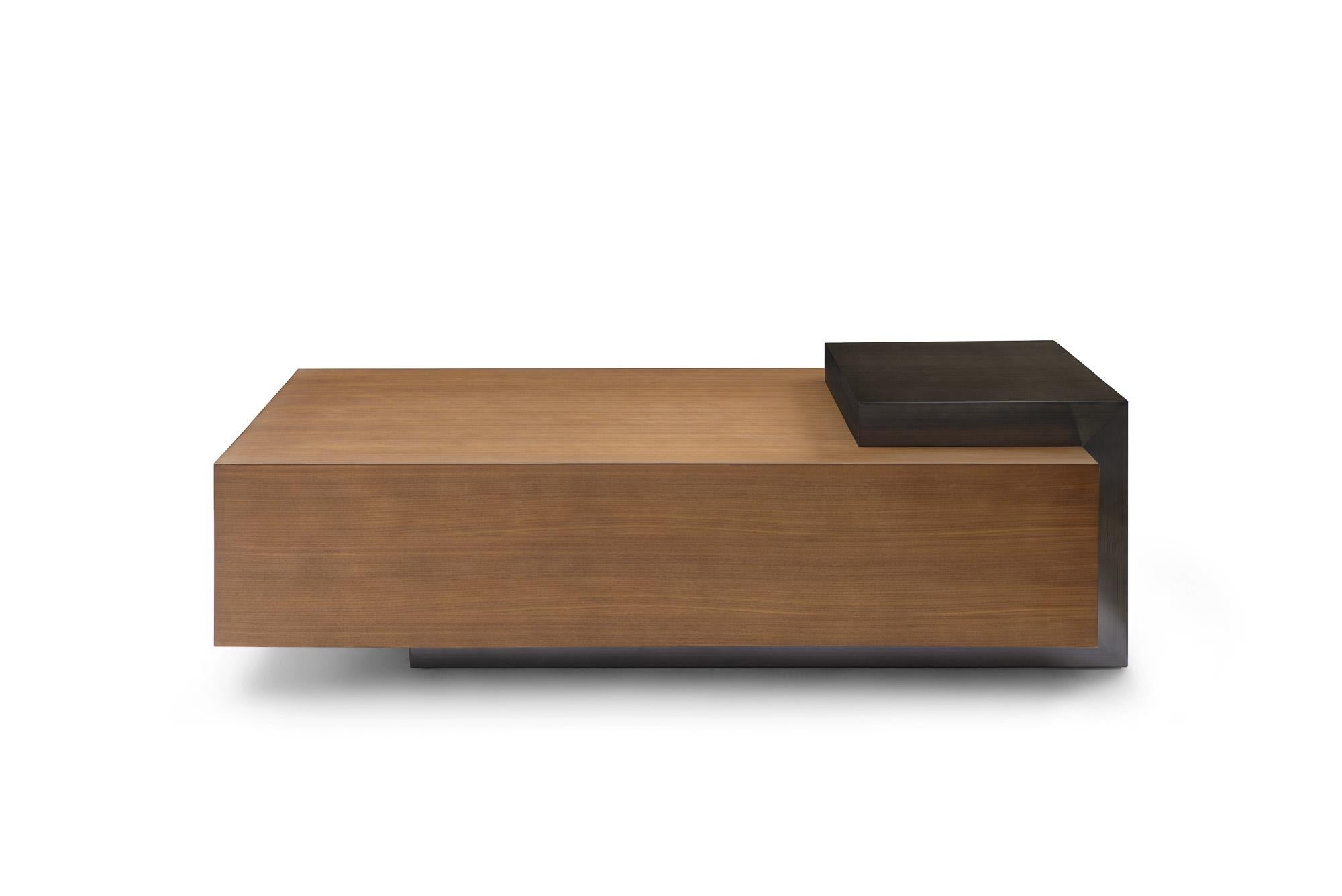 Modern Walnut and Bronze Cocktail table designed by Greg Sheres; 