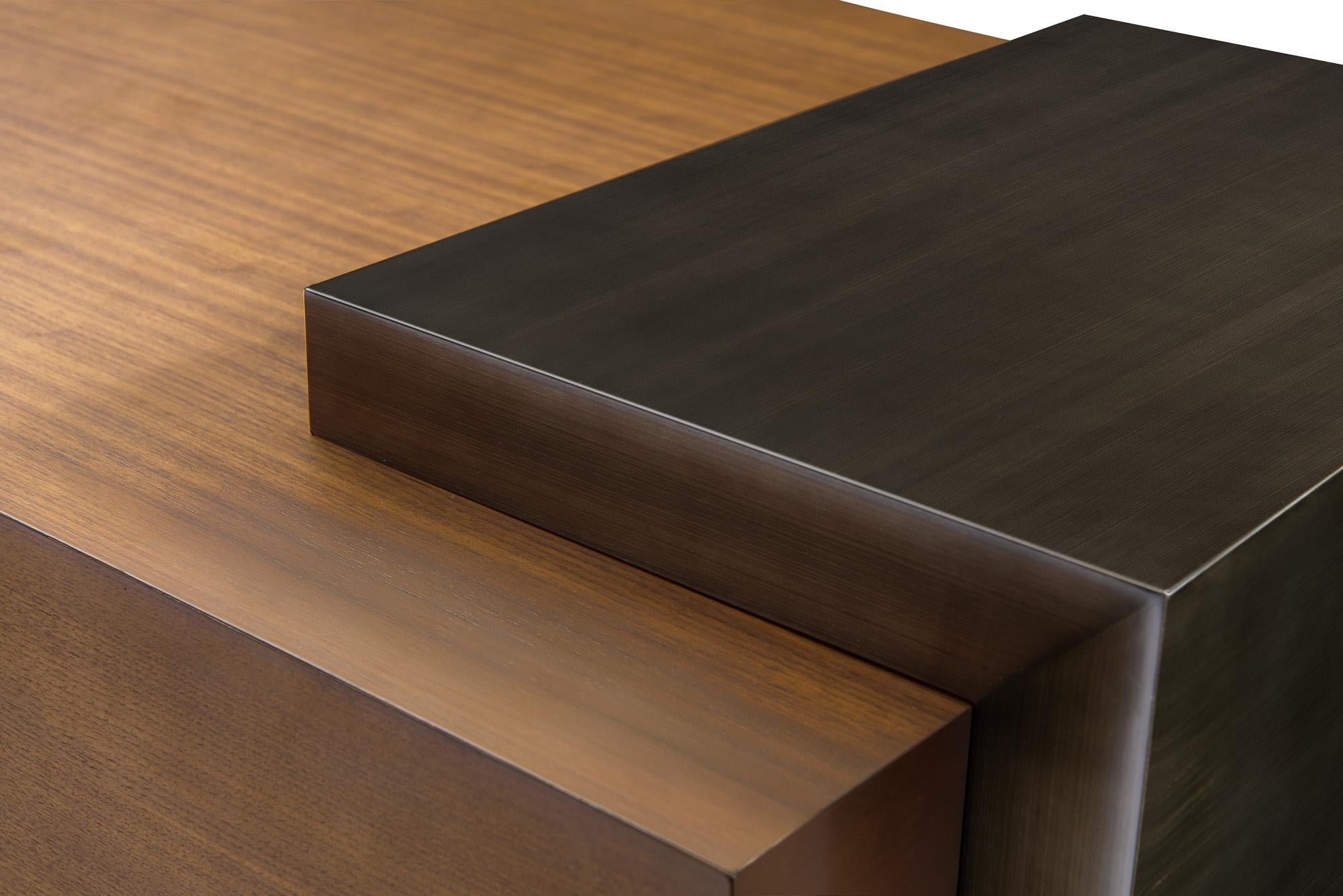 Chinese Modern Walnut and Bronze Cocktail table designed by Greg Sheres.  In Stock. For Sale