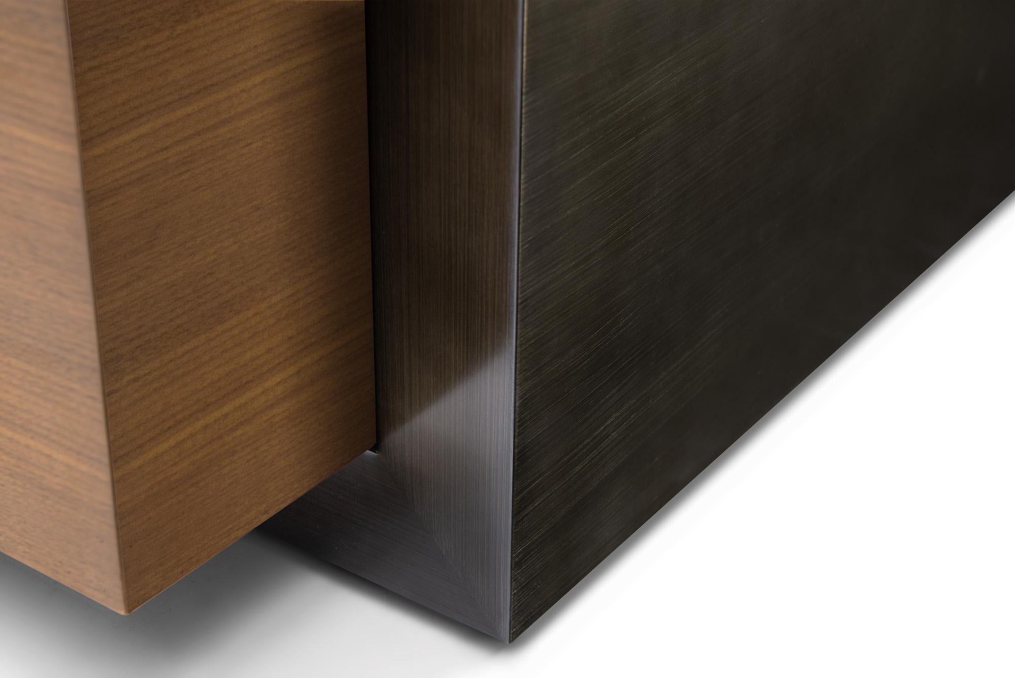 Veneer Modern Walnut and Bronze Cocktail table designed by Greg Sheres.  In Stock. For Sale
