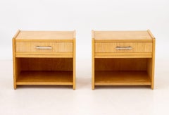Modern Walnut and Rattan Nightstands, Pair