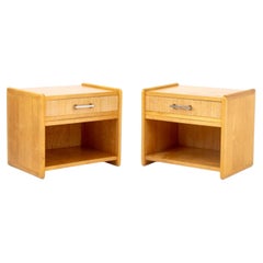 Modern Walnut and Rattan Nightstands, Pair