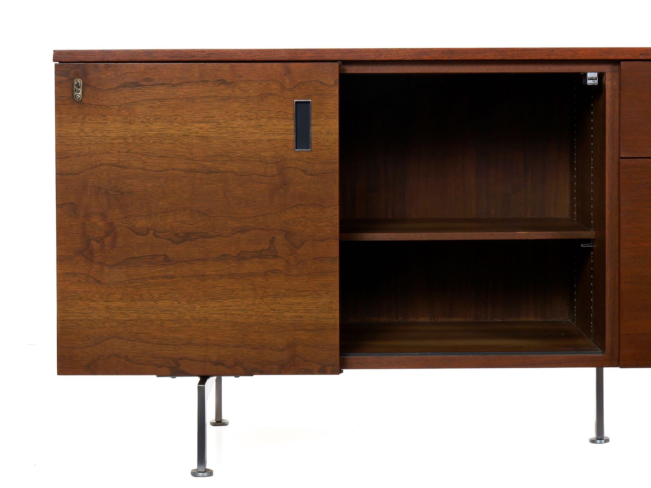 Modern Walnut and Steel Office Credenza Filing Cabinet, Robert John circa 1960s In Good Condition In Shippensburg, PA