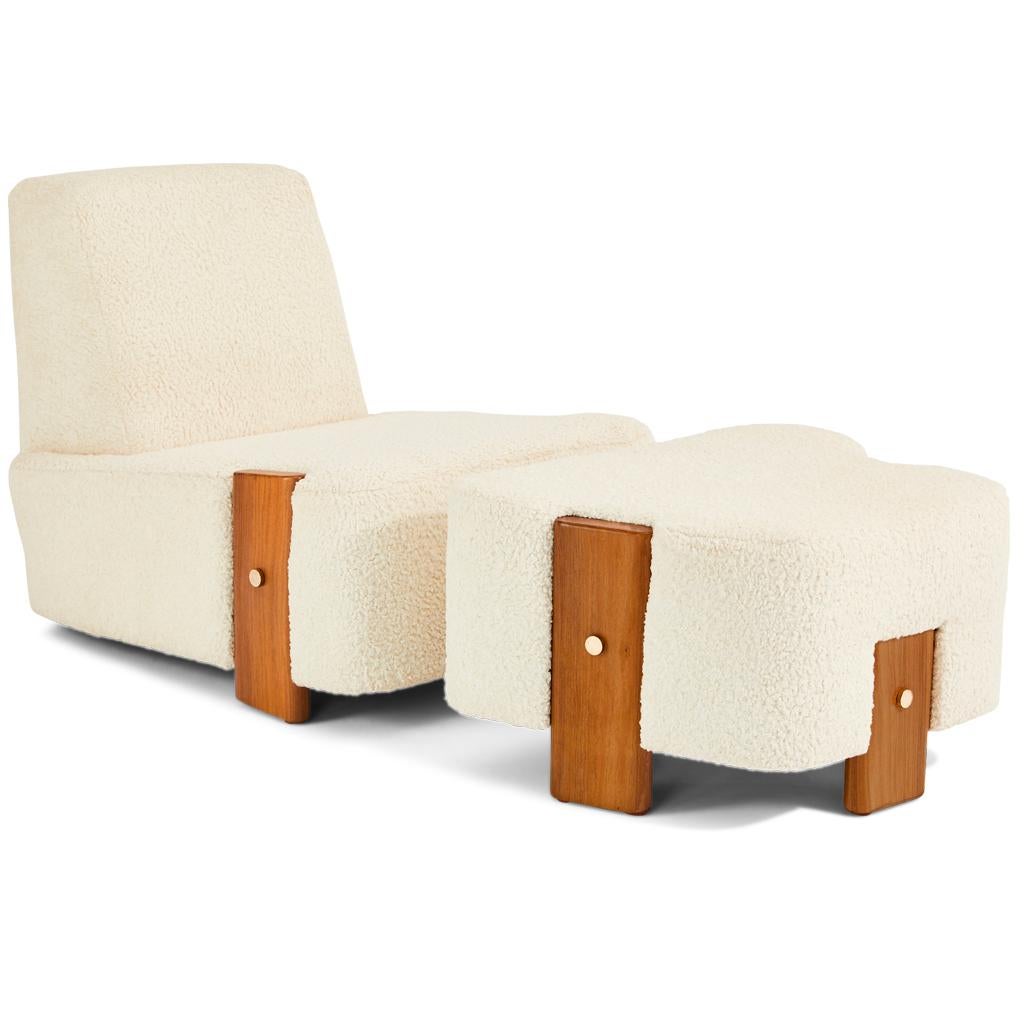 Polished Modern, Walnut, Brass and Boucle' Malta Lounge Slipper Chair with Footstool For Sale