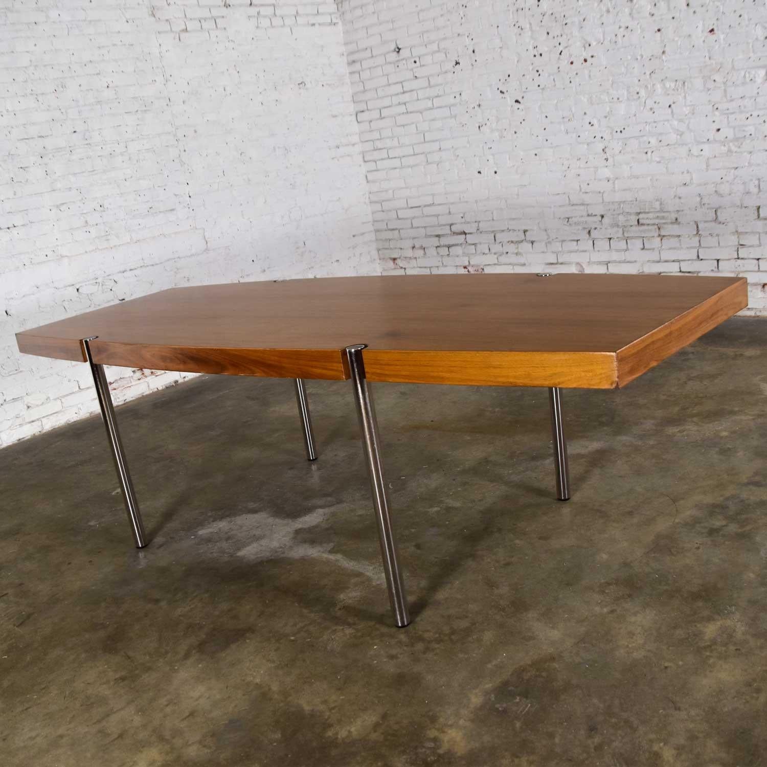 American Modern Walnut & Chrome Boat Shape Dining Conference Table by Jens Risom for Howe For Sale